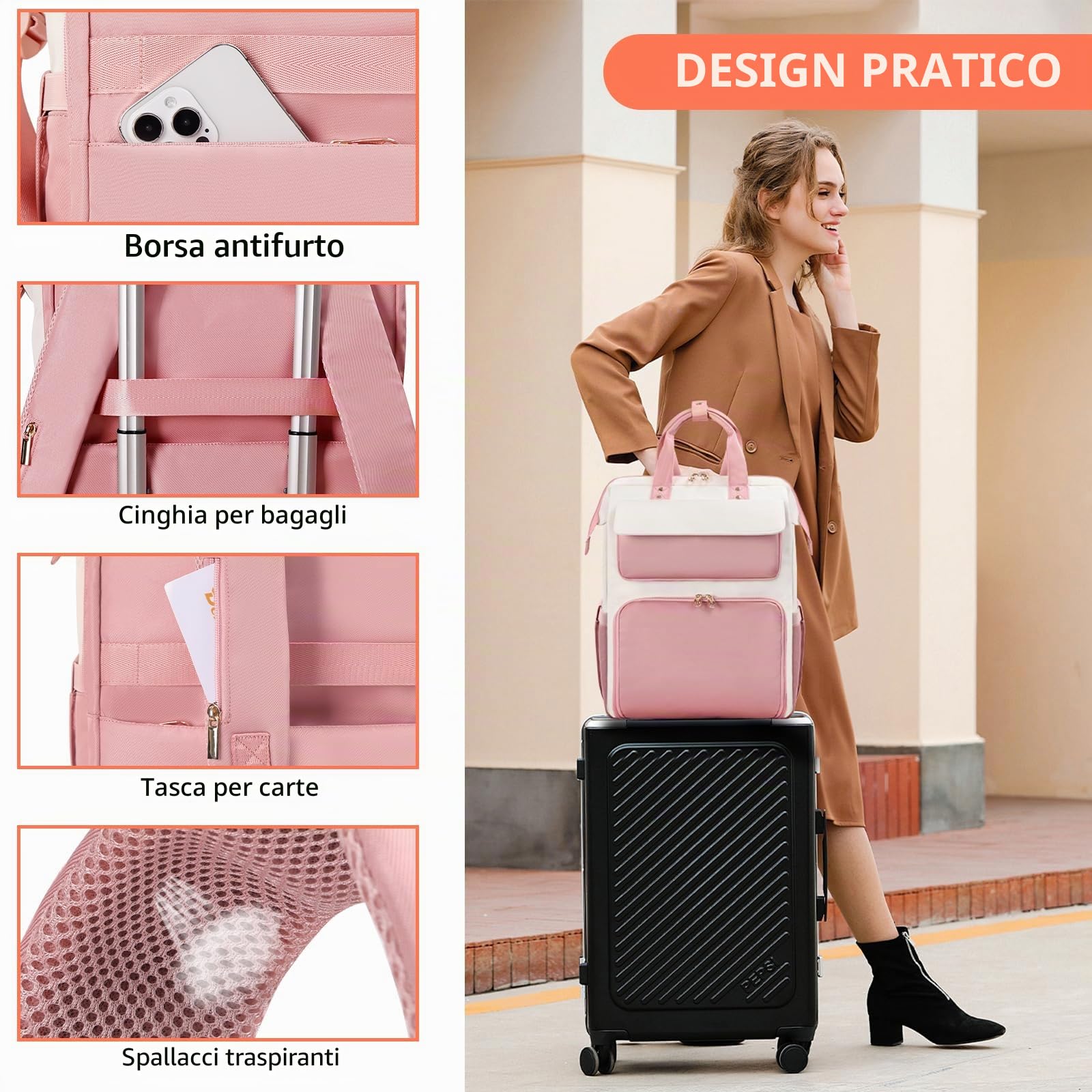 BERTASCHE Zaino per il pranzo, per laptop da donna da 15,6 pollici, con borsa termica isolata, zaino da lavoro 2 in 1, per donne, lavoro, lavoro, viaggi, insegnanti, scuola, università, Rosa/Beige