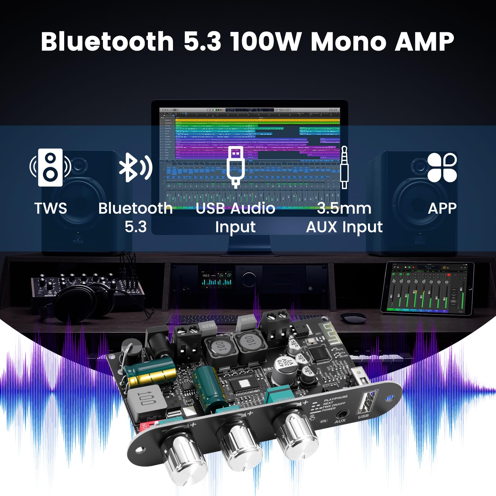 ZK-1001U - Amplificatore stereo HiFi Bluetooth 5.3 con circuito TWS & Boost, potenza di uscita 100 W, mini amplificatore audio per altoparlanti fai da te domestici e esterni, ingresso USB/AUX/BT, DC 9