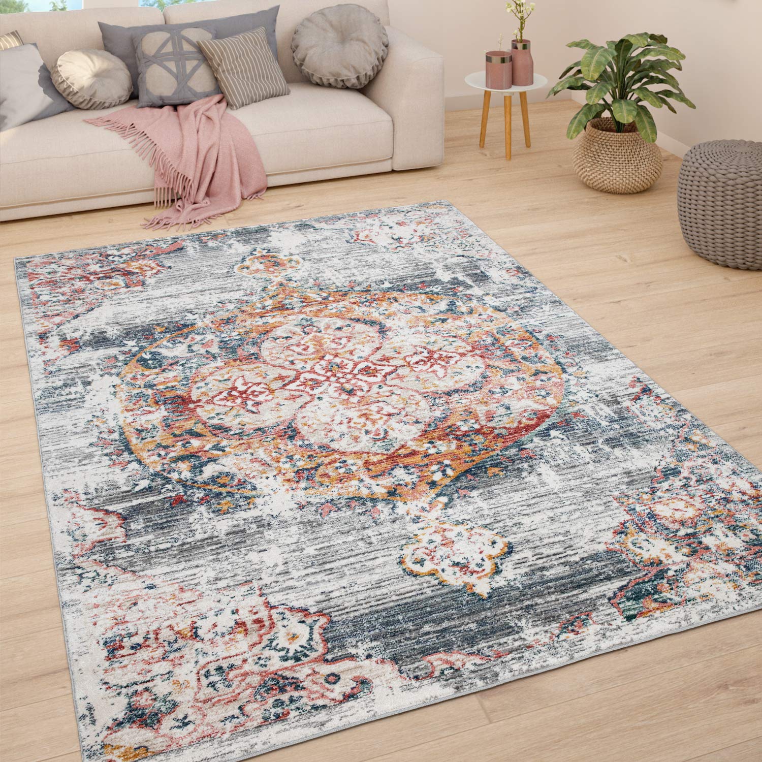 Paco Home Teppich Wohnzimmer Kurzflor Schlafzimmer Moderne Vintage Orient Ornament Muster Pastell Bordüre, Grösse:200 cm Rund, Farbe:Grau
