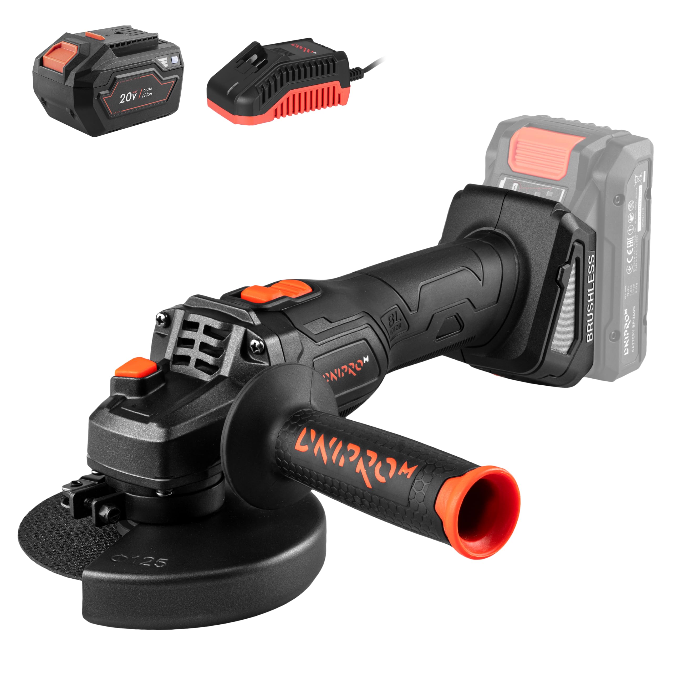 Amoladora Angular Inalámbrica DGA-202SBC 20V Brushless - Radial 125 mm con 6 Velocidades hasta 9.000 rpm, M14, Arranque Suave, Incluye Batería 6Ah y Cargador para Corte y Desbaste - por Dnipro-M