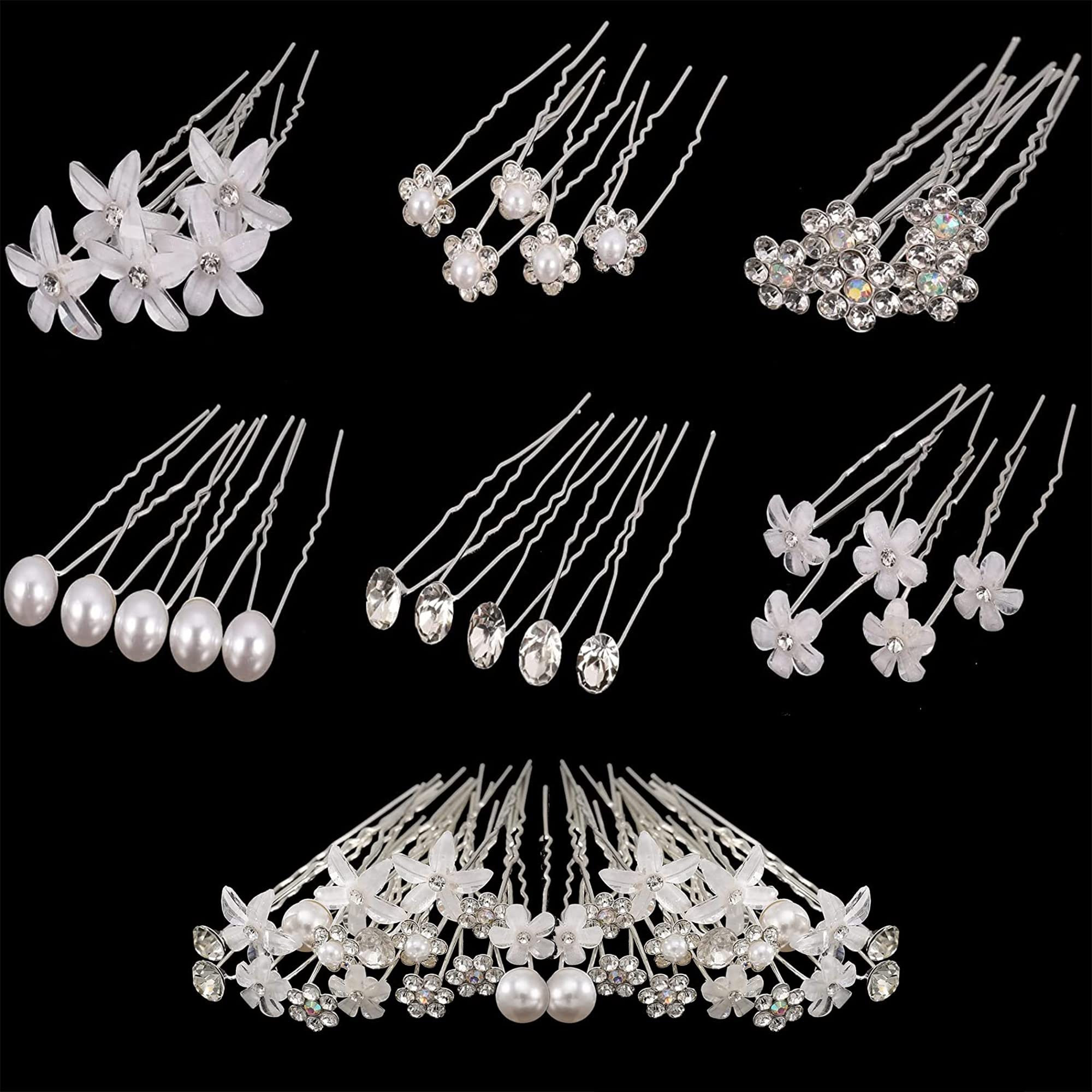 Crystal Pearl U Shaped Hair Pins 30Pcs for Women Wedding Diamond and Diamante Hair Clips for Girl, Black