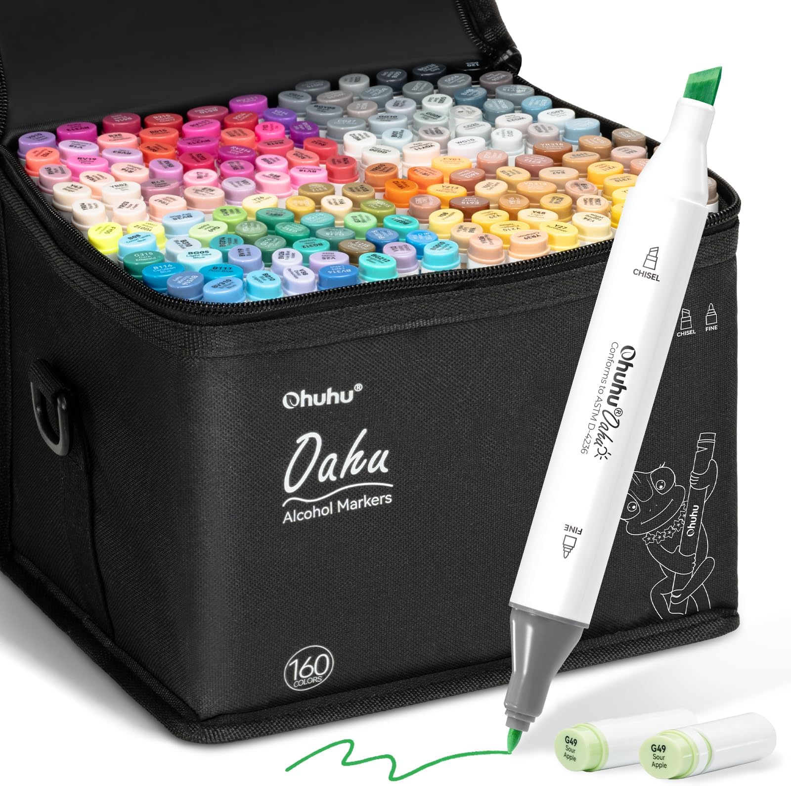 Ohuhu Alcohol Art Markers, Double Tipped Alcohol-Based Marker Set for Kids Adults Coloring Book Sketch Illustration, 160 Unique Colors + 1 Alcohol Marker Blender + 1 Marker Storage Case, Chisel & Fine