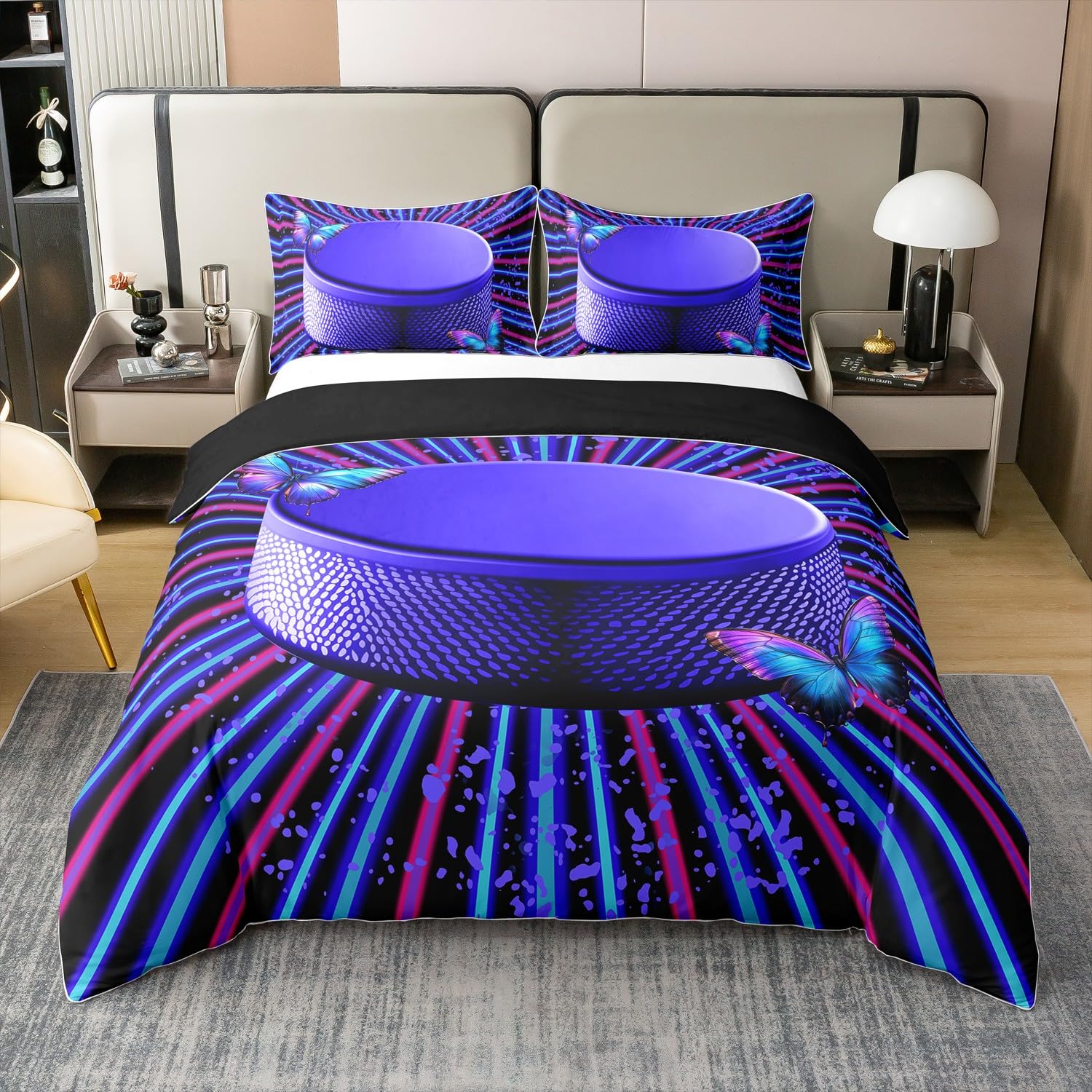 Ice Hockey 100% Cotton Bedding Set,Sport Theme Duvet Cover King for Kids Teens Adults,Flying Butterflies Bed Set,Neon Lines Quilt Cover with 2 Pillow Shams for Bedroom