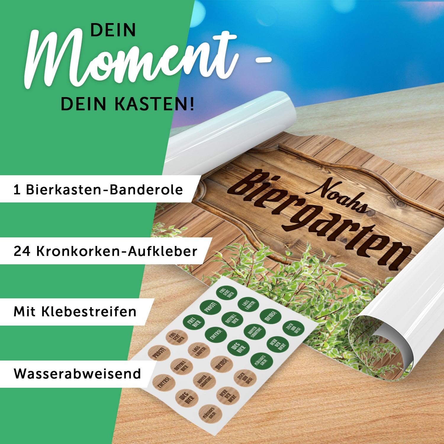 GRAVURZEILE Bierkasten-Banderole - Biergarten - Personalisiert mit Name - Geschenkidee für Männer zum Vatertag & Geburtstag - Inkl. 24 Flaschendeckel-Aufkleber - Passend für 20er Bierkasten