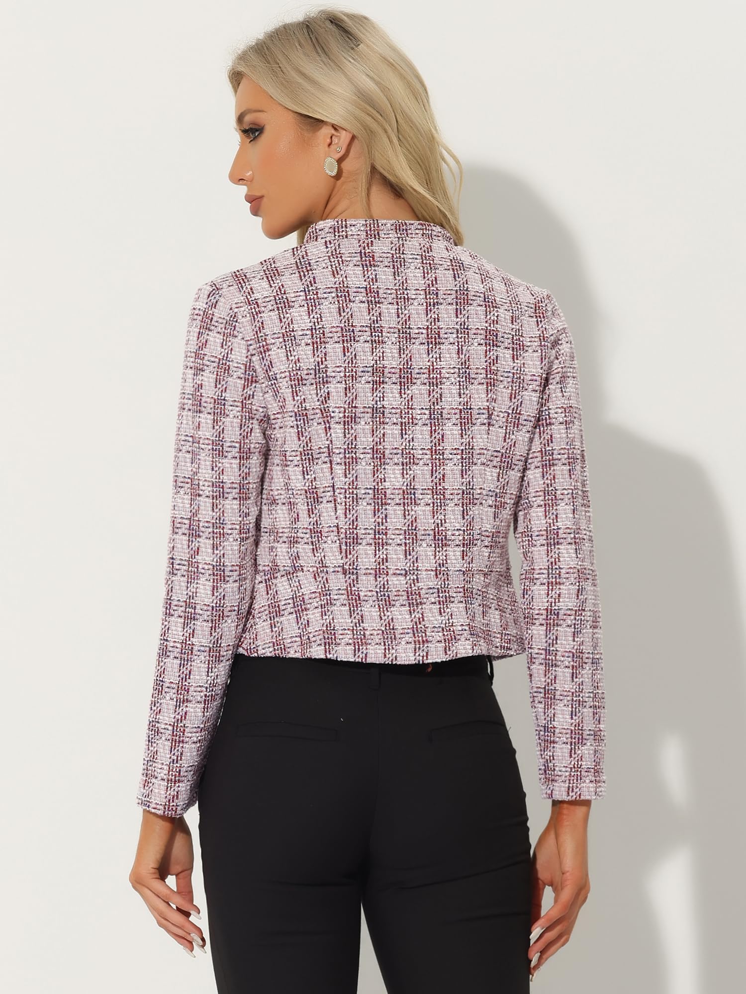 Allegra K Giacca da donna vintage a scacchi in tweed blazer aperto slim fit ufficio cropped