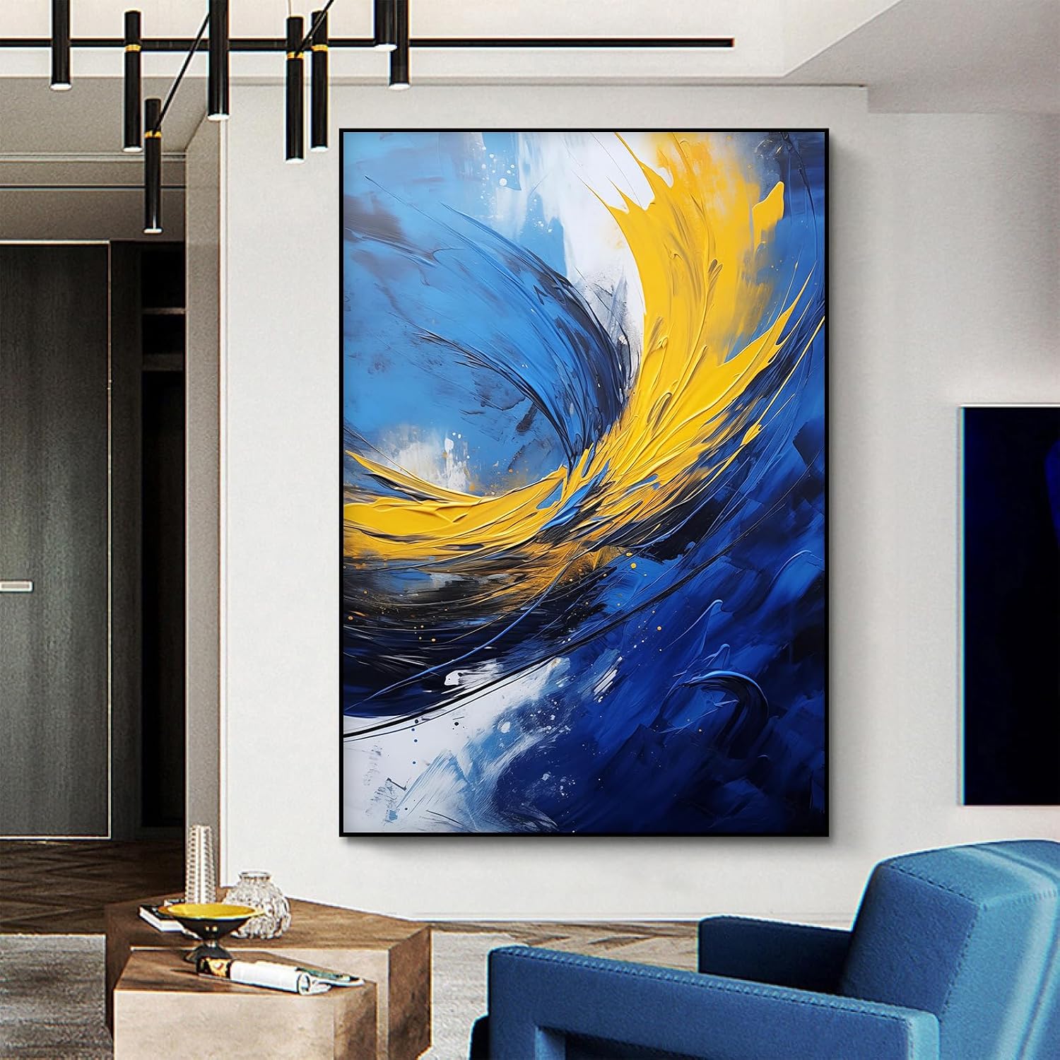 Amazon.com: Acolabare Blue and Yellow Abstract Wall Art Dark Blue ...