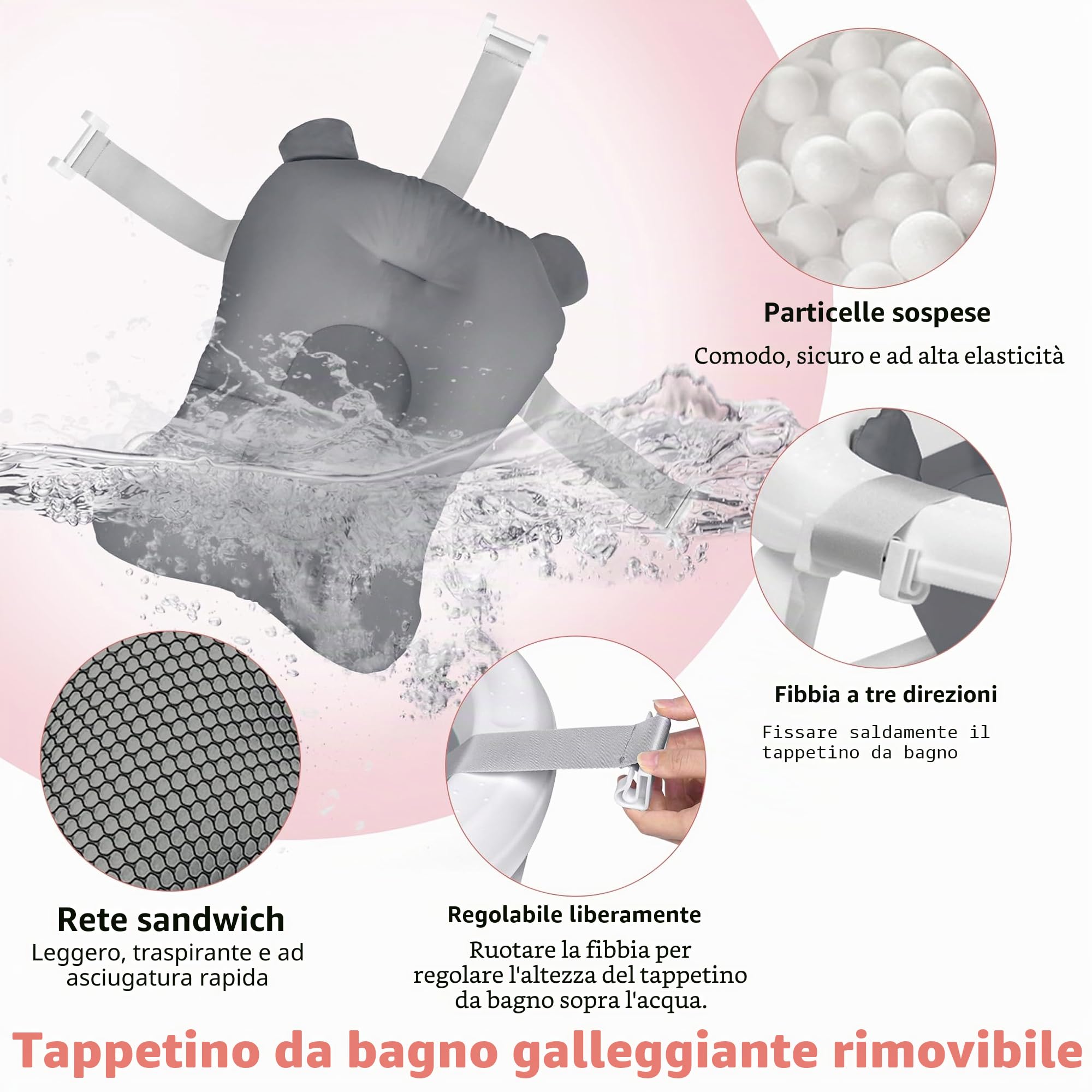 Froadp Vasca da bagno pieghevole per neonati con fori di scarico e poggiapiedi antiscivolo, navicella ergonomica per neonati (antracite, con cuscino)