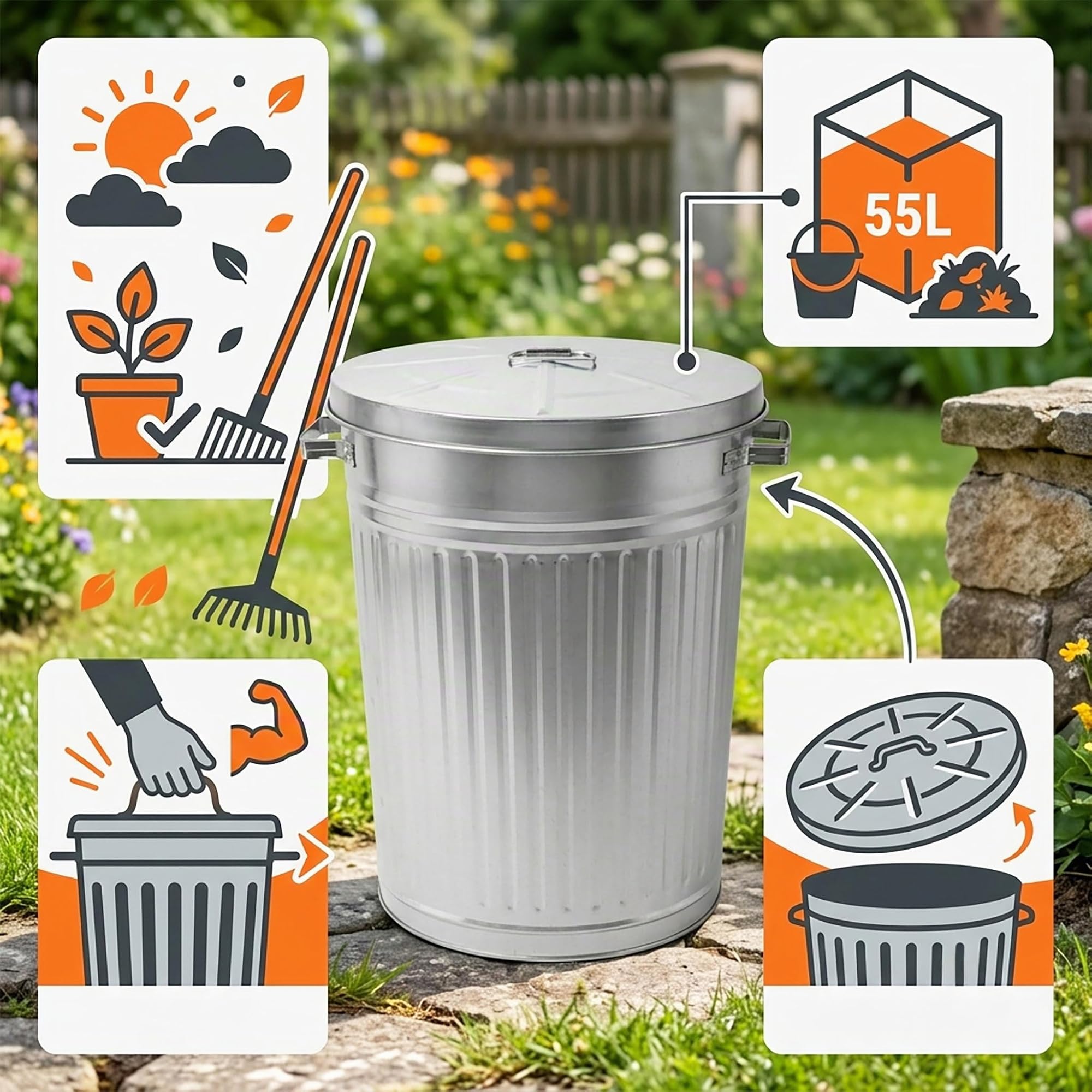 Spetebo – Poubelle en zinc avec couvercle – 55 litres – Taille XXL – Pour l'extérieur