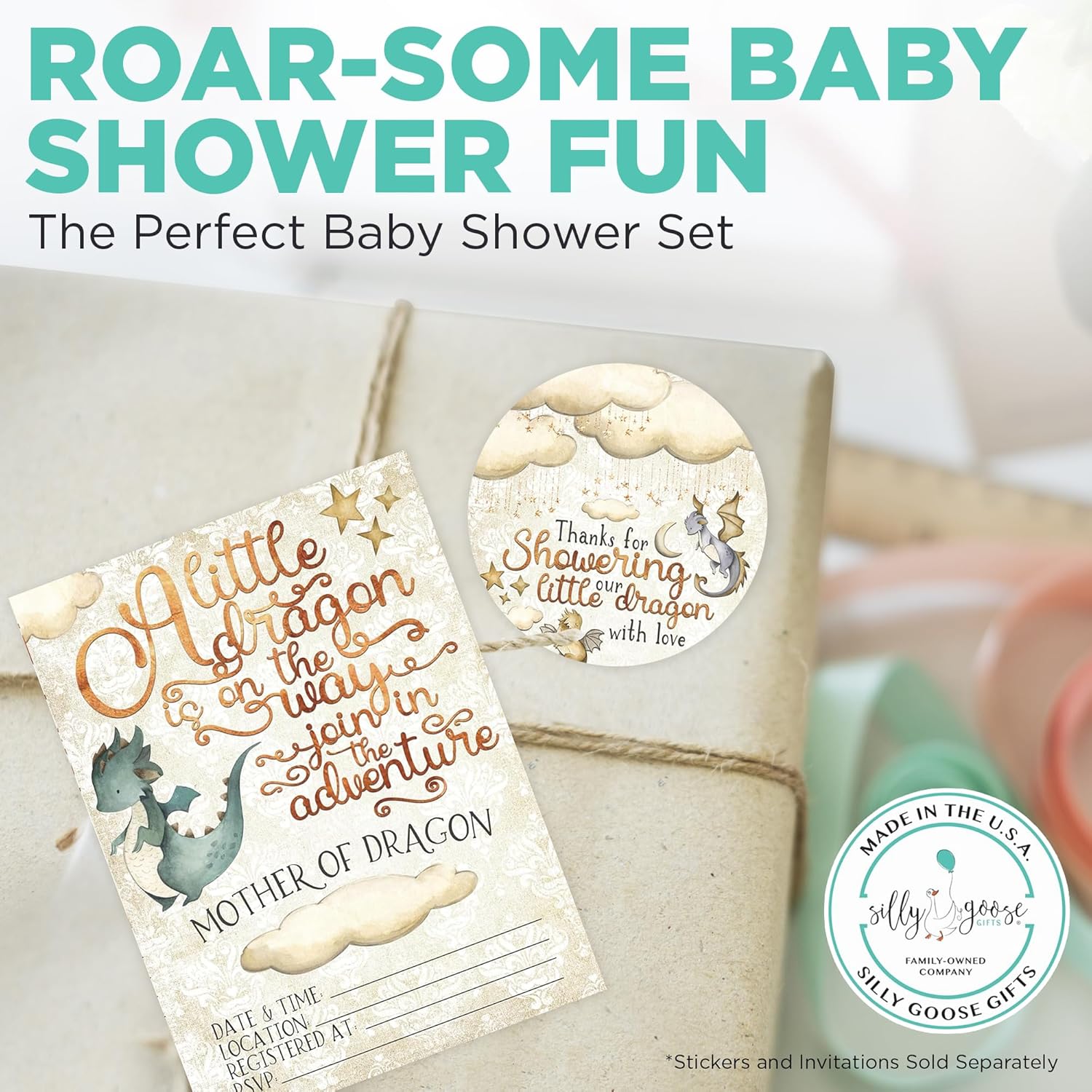 Silly Goose Gifts Thanks for Showering Our Little Dragon with Love Themed Baby Shower Party Favor Sticker (Set Includes 24) Thank You 2.5 in Circle Labels