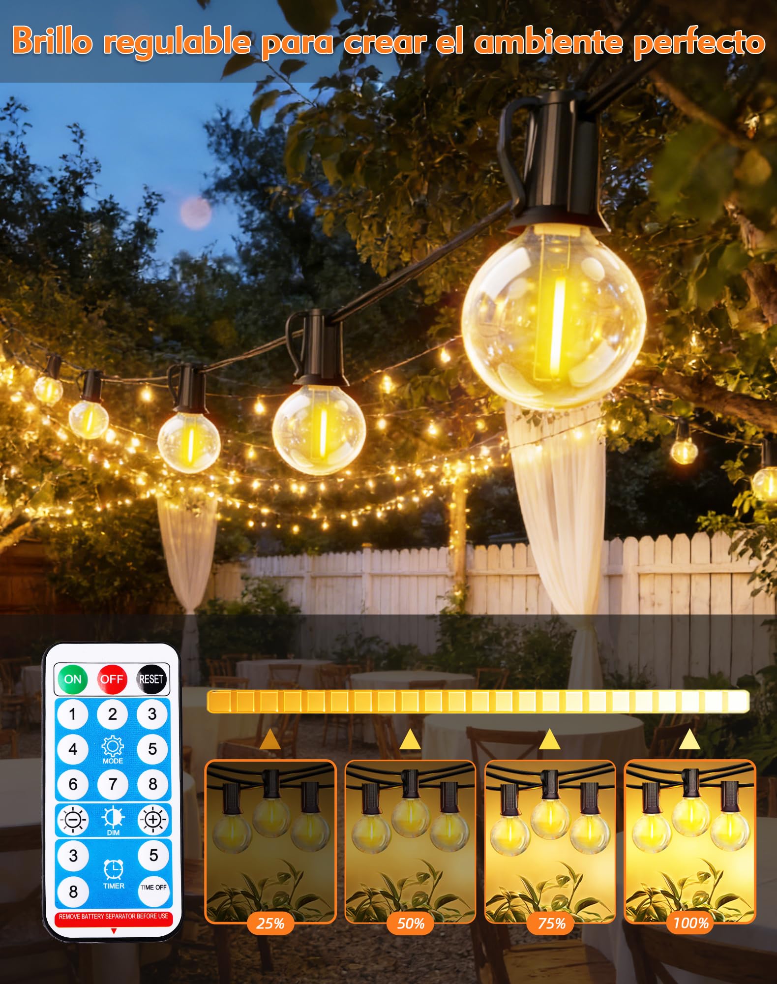 Guirnaldas Luces Exterior Solar, 10M Luces Solares LED Exterior Jardin con 15+1 Bombillas, 8 Modos Impermeable, Lámparas Solares de Jardín con Control Remoto para Patio Cafe Boda Fiesta