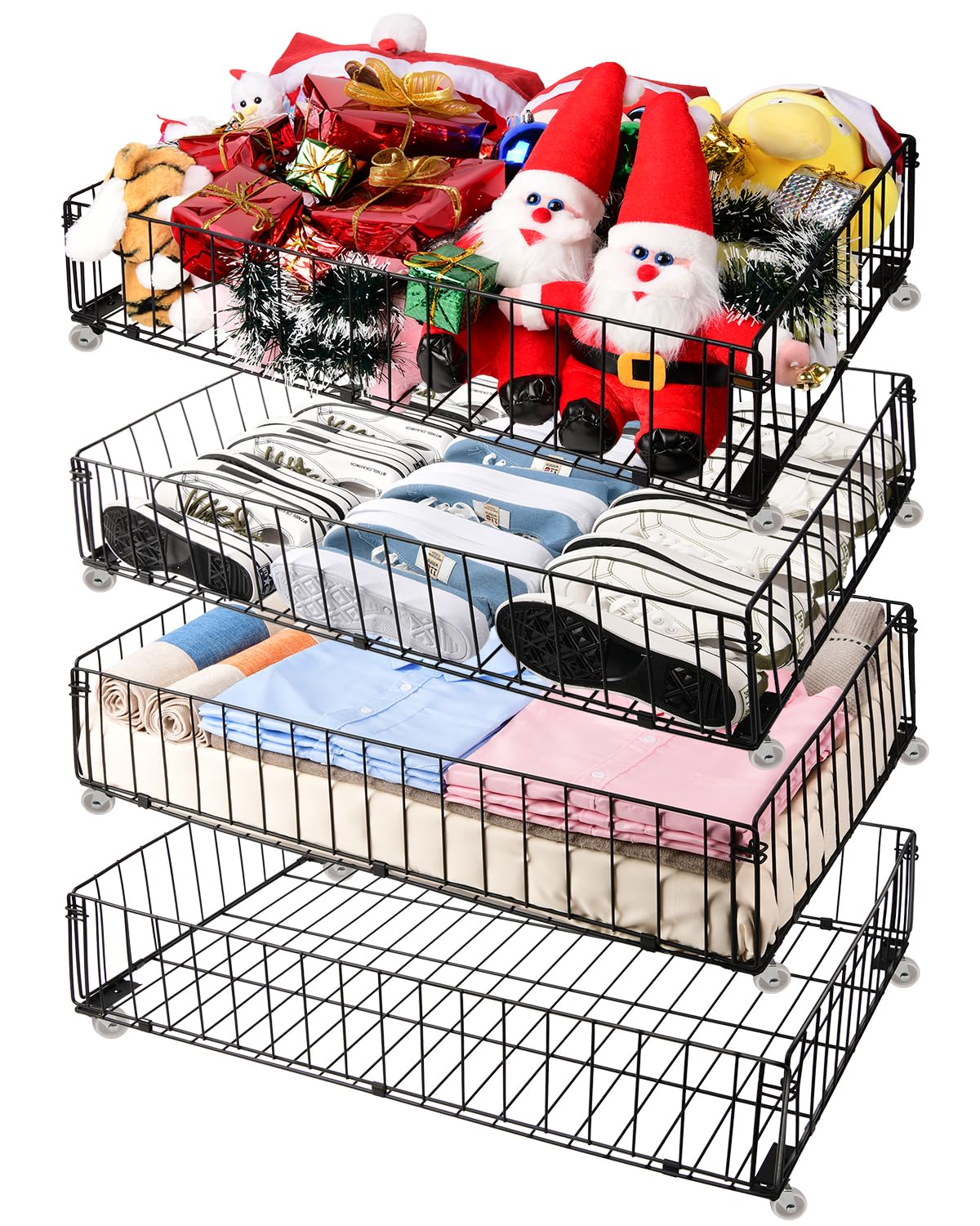 XXXXXX Große Unterbettkommode mit Rollen, Rollen, Unterbett-Organizer, Schubladen für Schuhe, Kleidung, Bücher, Spielzeug, Decken, 4 Stück