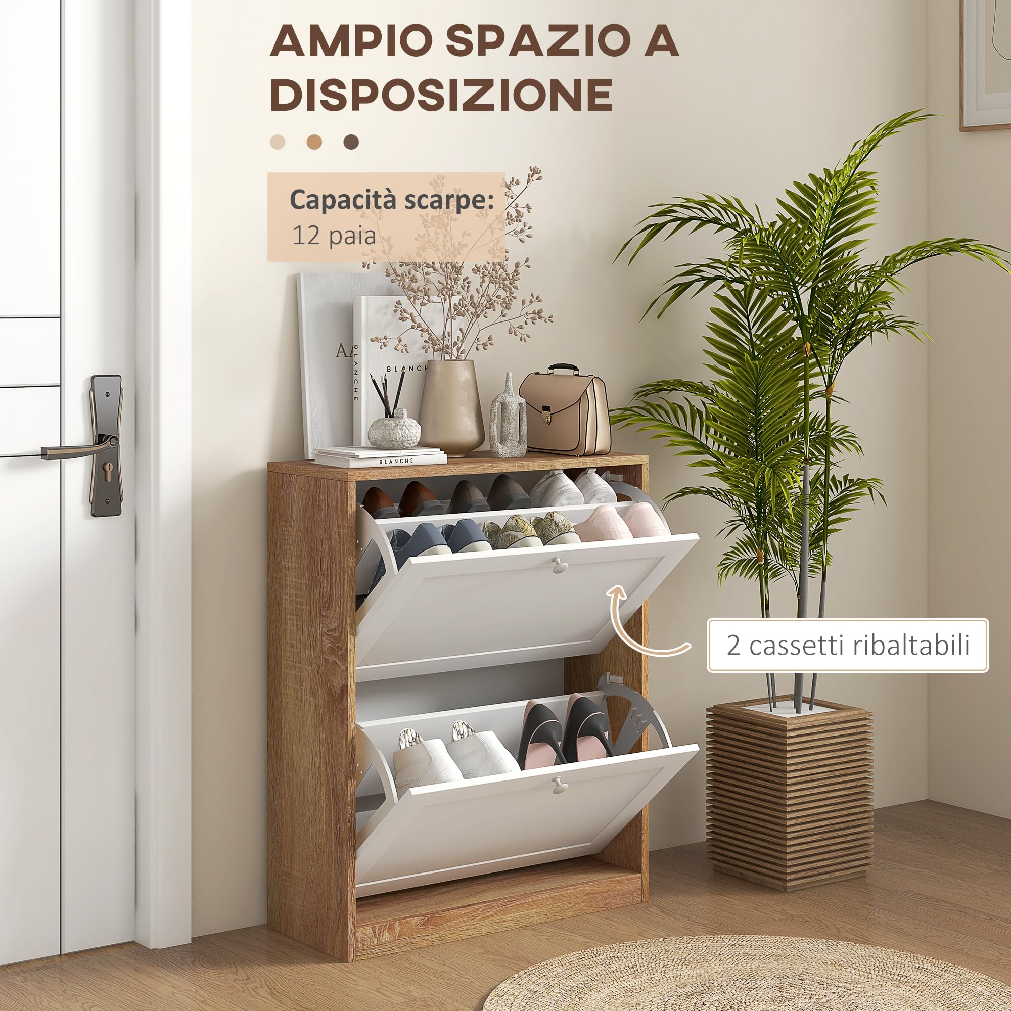 HOMCOM Scarpiera Slim con 3 Ripiani Regolabili a 2 Livelli o Rimovibili per 12 Paia, Mobile Scarpiera in Truciolato e MDF Salvaspazio, 60x24.5x75.5 cm, Bianco e Rovere