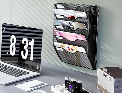 Miniatura 7 de PAG Soporte para archivos de pared colgante, clasificador de correo de 5 niveles para pared, organizador de pared de oficina de malla para papeles,