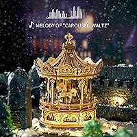 Vista 2 de ROKR Rompecabezas de madera 3D, carrusel, kits de construcción giratorios, caja de música de 5 caballos, regalo de cumpleaños de Navidad