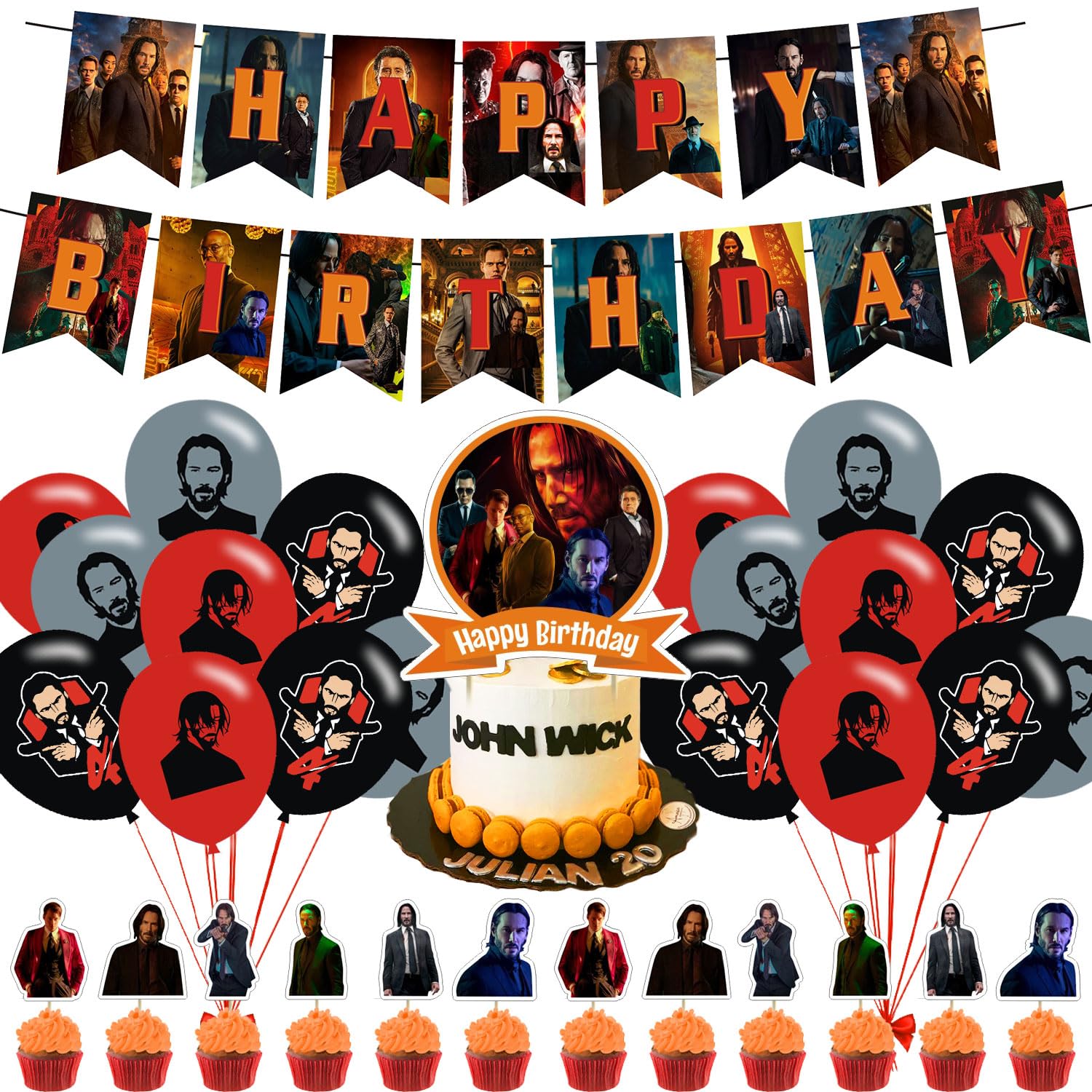 AUSDU Wick of John Birthday Party Decorations,Party Supply Set for Kids with 1 Happy Birthday Banner Garland , 13 Cupcake Toppers,18 Balloons for Wick of John Party Supplies