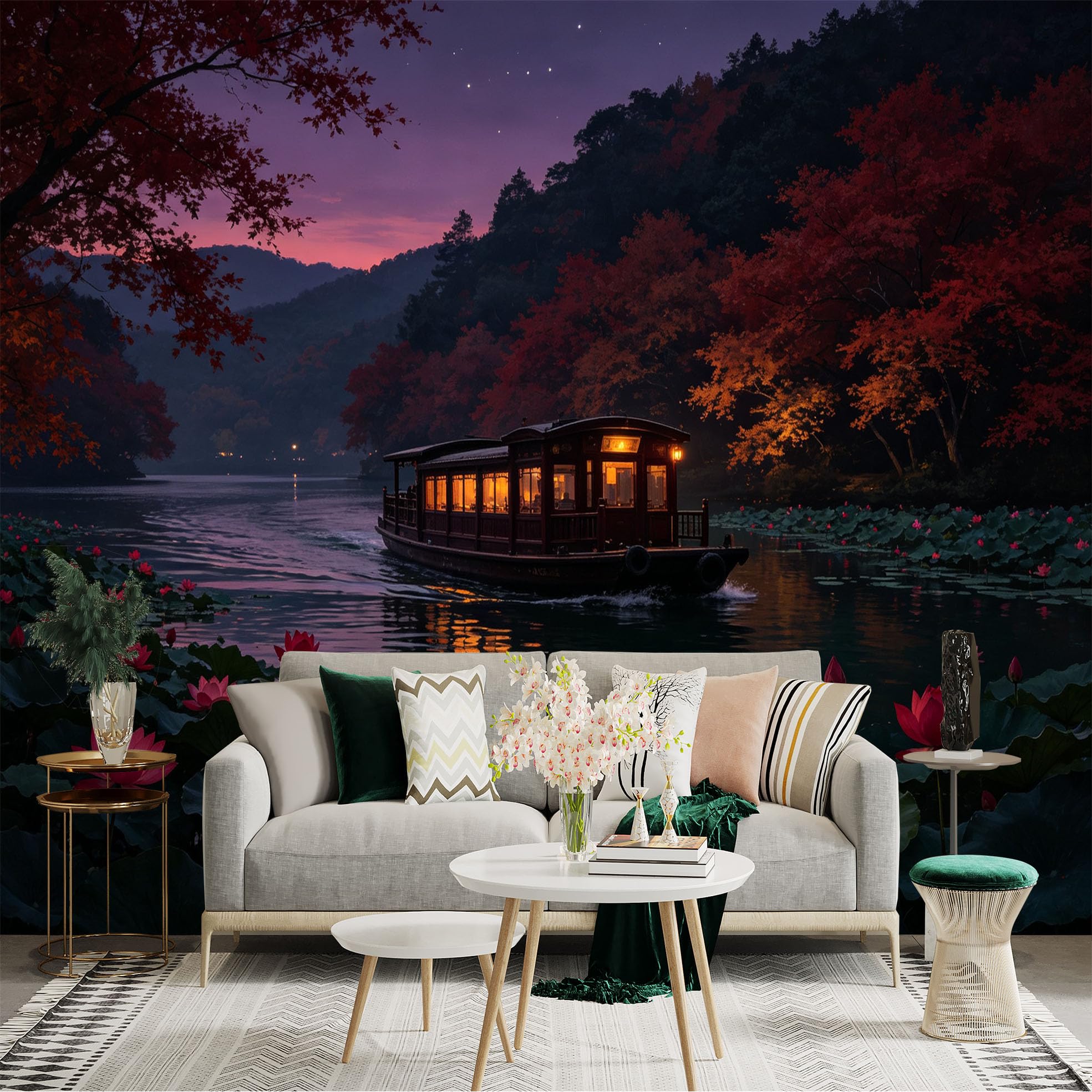 Custom Size Wall Sticker Mural， Traditional Wooden Boat on Lake， Vibrant Autumn Forest， Blooming Pink Lotus Flowers， Serene Twilight Scenery， for wall Decoration， peelandstick wall Decals.