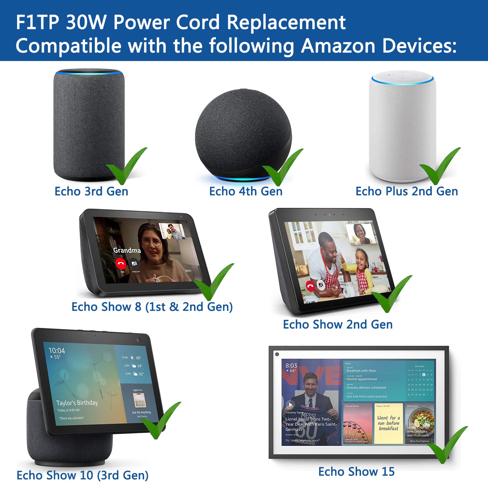 F1TP 30W Power Supply Adapter Cord for Echo 3rd 4th Gen, Echo Plus 2nd Gen, Echo Show 8, Echo Show 10, Echo Show 15
