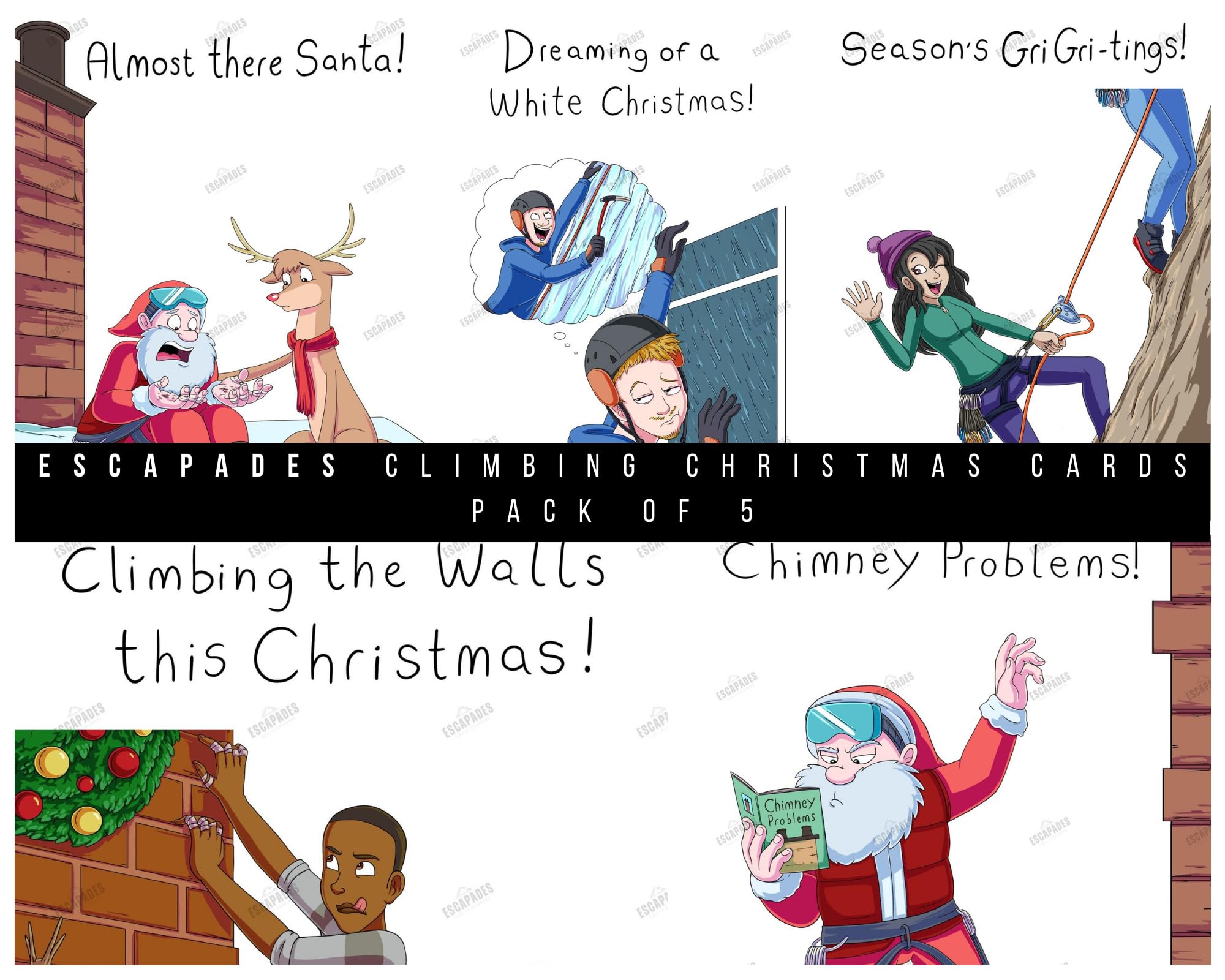 Escapades Climbing Christmas Cards Pack, 5x7 Inch Holiday Greeting Cards with Humorous Winter Sports Theme, Set of 5 Adventure-Themed Illustrations