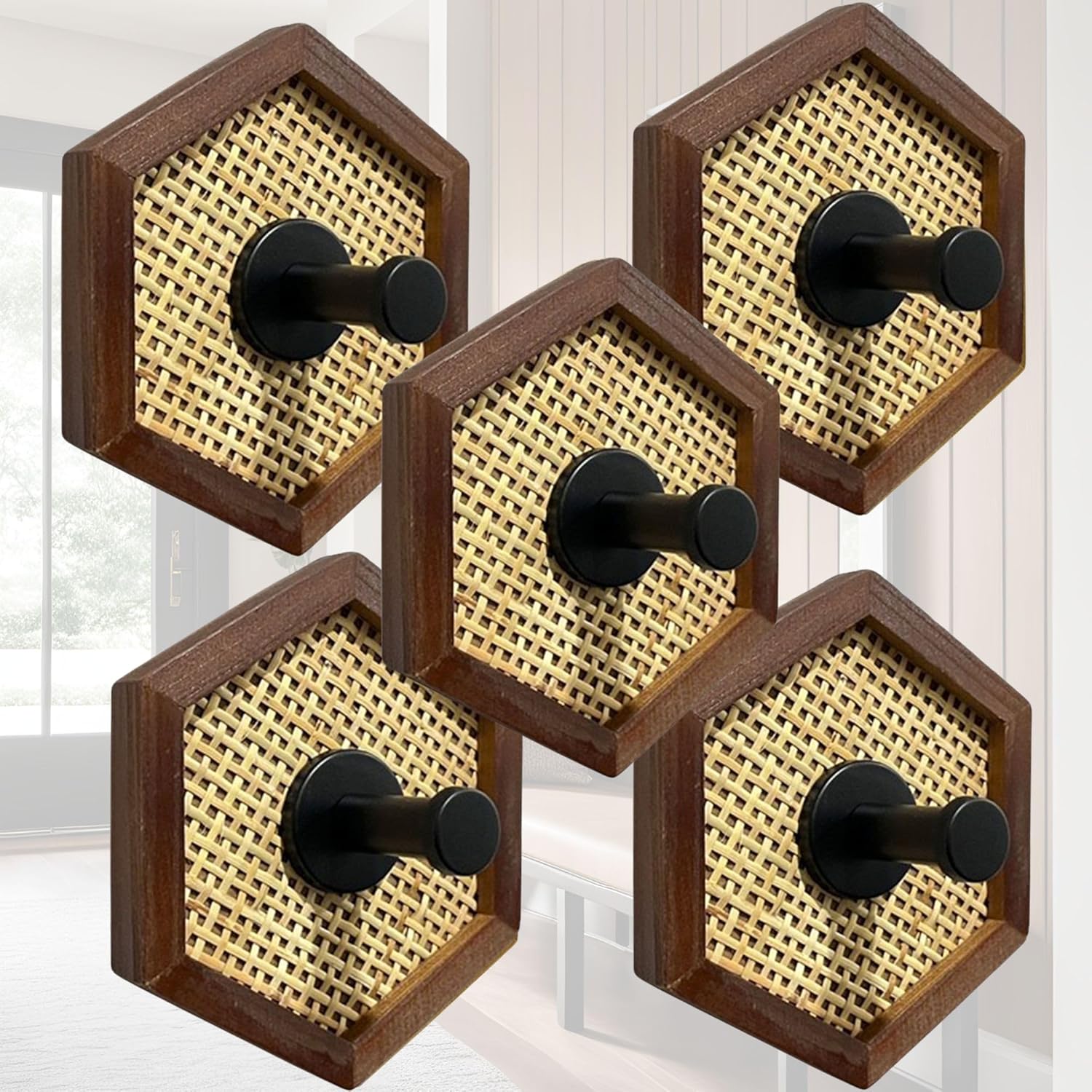 Autumn Alley Boho Rattan Coat Hooks, Hat Hooks and Bathroom Towel Hook, Set of 5 Hexagon Entryway Wall Hook with Black Accent Metal Holder, Robe & Towel Hooks for Entryway, Bathroom, or Kitchen