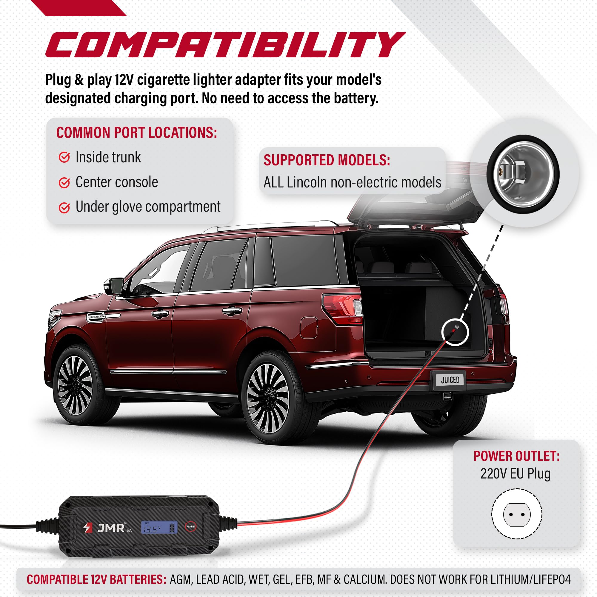 JMR Cargador de Bateria para Lincoln Navigator Aviator Continental Nautilus MKX Town Car MKT MKZ MKS MKC Corsair LS Todos los Modelos Mantenedor de Carga Acondicionador (Sin Modo Litio)