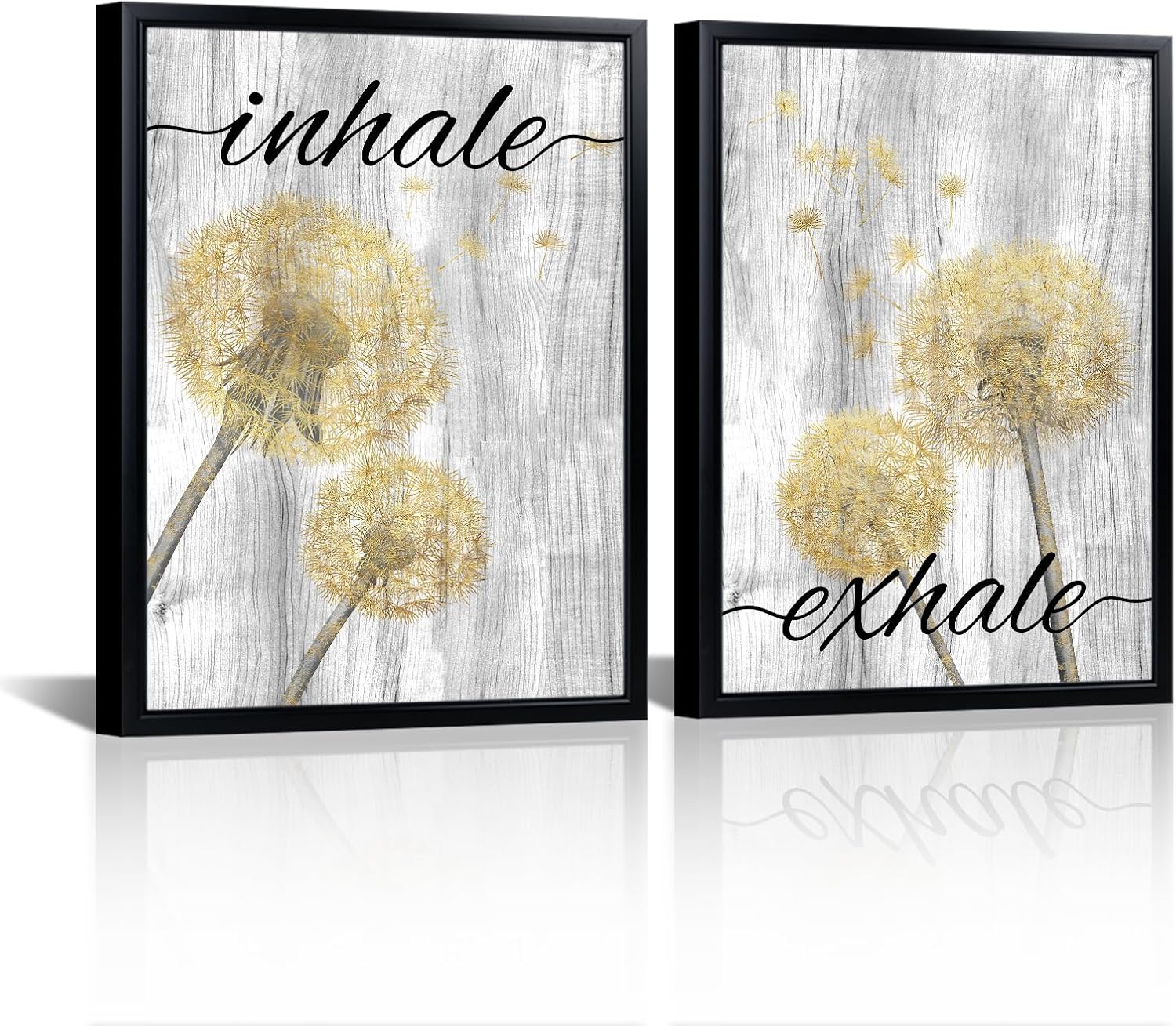 Yellow And Gray Dandelion Wall Art Framed Set of 2 Bathroom Wall Decor Inhale And Exhale Quote Floral Paintings Prints Canvas Wall Art for Office Living Room Bedroon Decor
