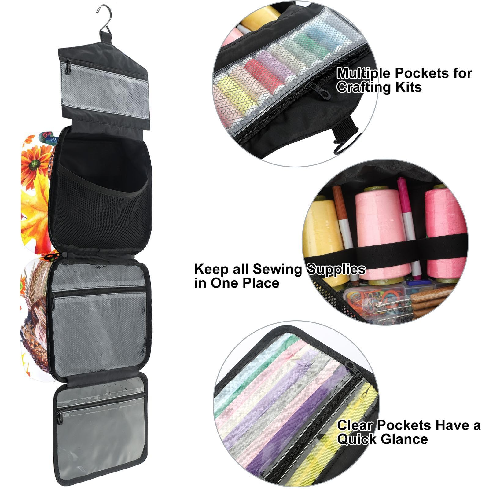 YNNALE Sewing Supply Organizer Bag, Thanksgiving Turkey Maple Leaf Portable Sewing Bags with Pockets&Hanger, Sewing Storage Box Case for Sew Supplies/Kit/Tools/Accessories (BAG ONLY)