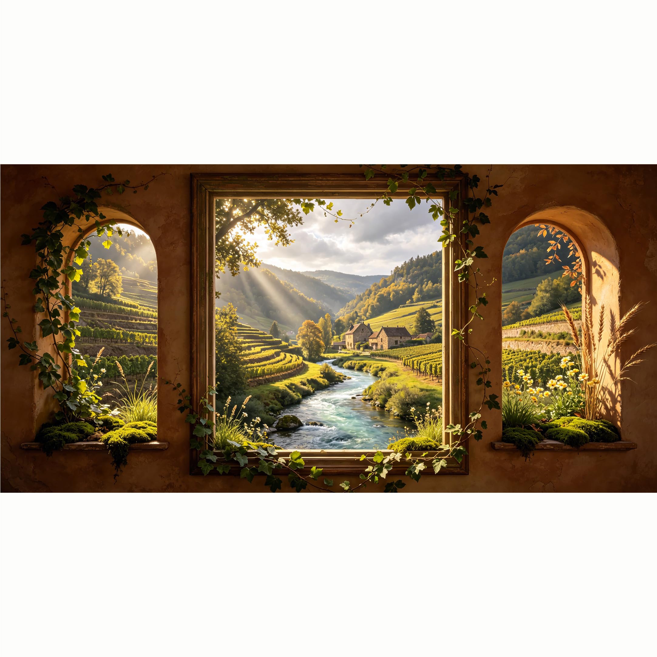 QZLITHOTIC 50x100cm 3D Framed Wall Art， Tuscan Vineyard River Landscape Self‑Adhesive Mural， Water‑Activated Peel & Stick Fabric Decor Wall Decal for Bedroom Living Room