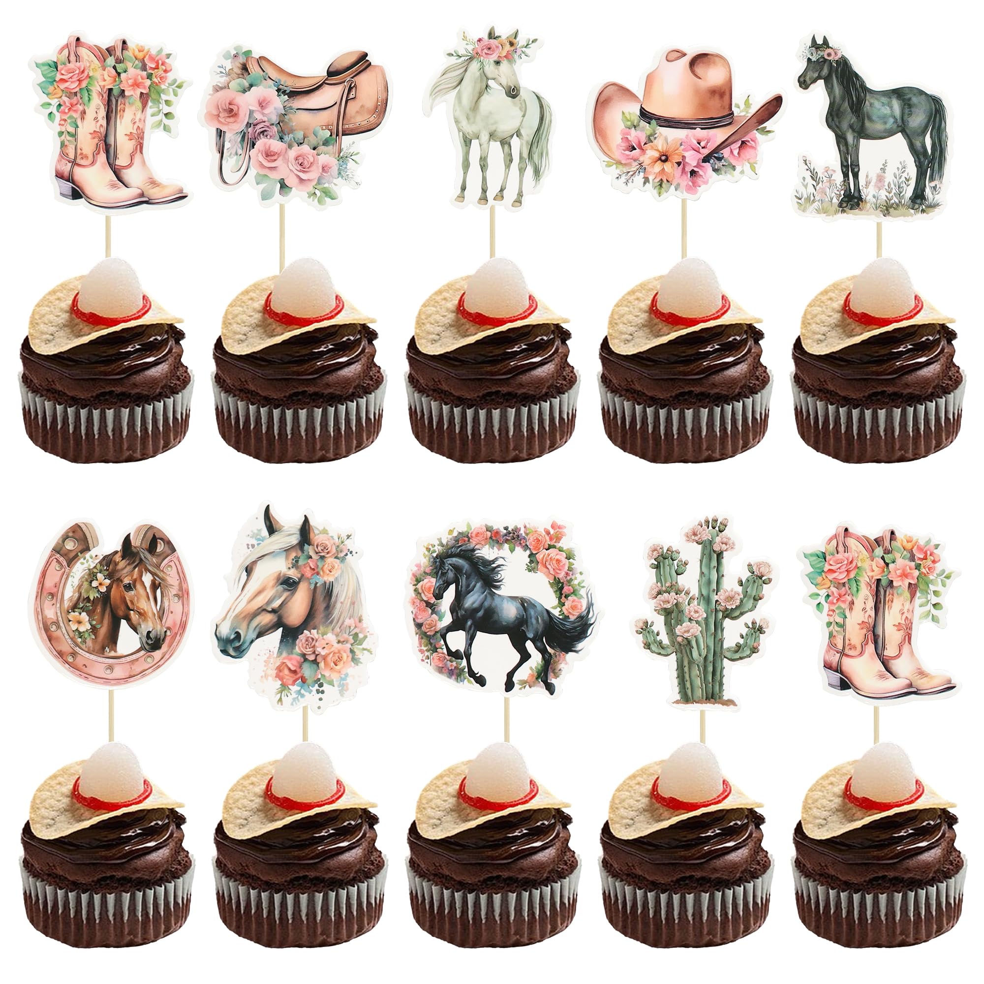 Gyufise 36Pcs Horse Cupcake Toppers Western Cowgirl Birthday Party Decorations Cowgirl Birthday Cupcake Toppers Decorations for Western Theme Birthday