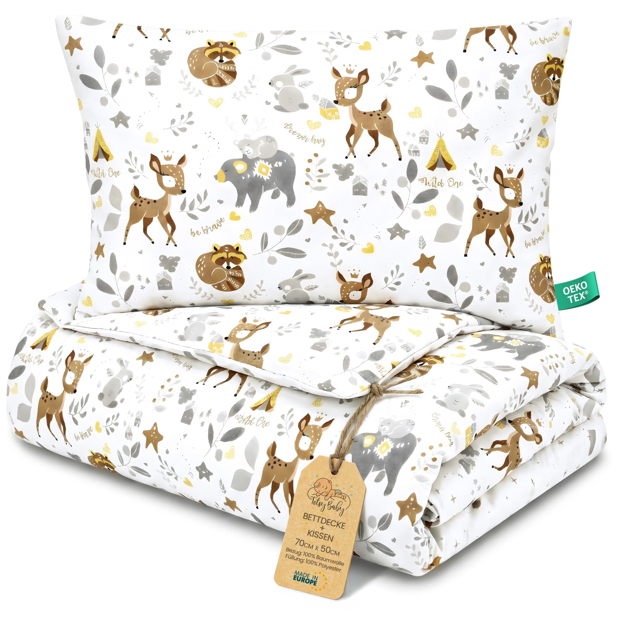 Totsy Baby Duvet Filling Children's Bed Cotton – 50 x 70 cm – Baby Filled Blanket Set 50 x 70 cm with Pillow 40 x 35 cm for Boys and Girls Oeko-Tex Deer