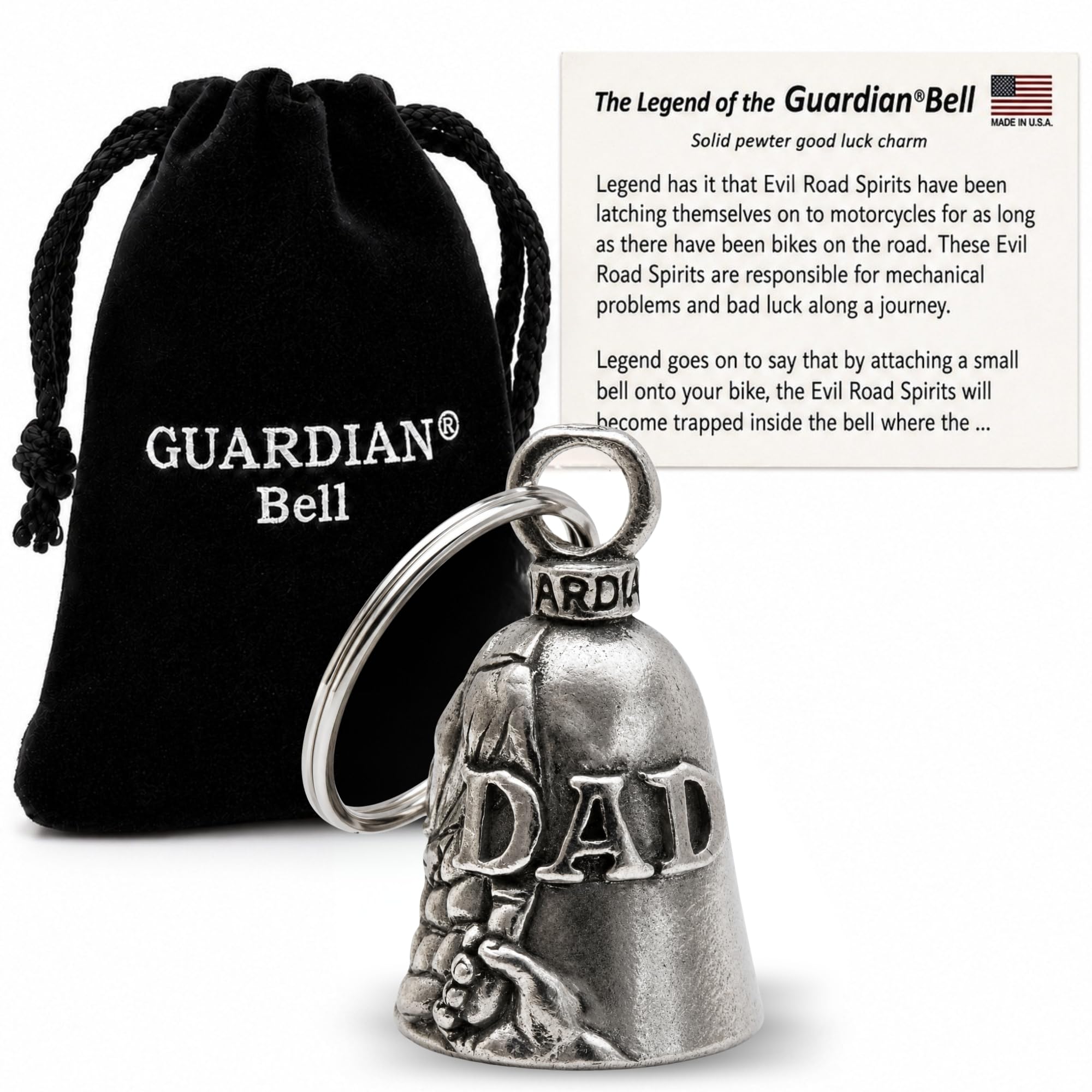 Guardian Bell Good Luck Bell w/Keyring &amp; Black Gift Bag | Motorcycle Bell | Pewter | Good Luck Gift | Bike Bell | Made in USA