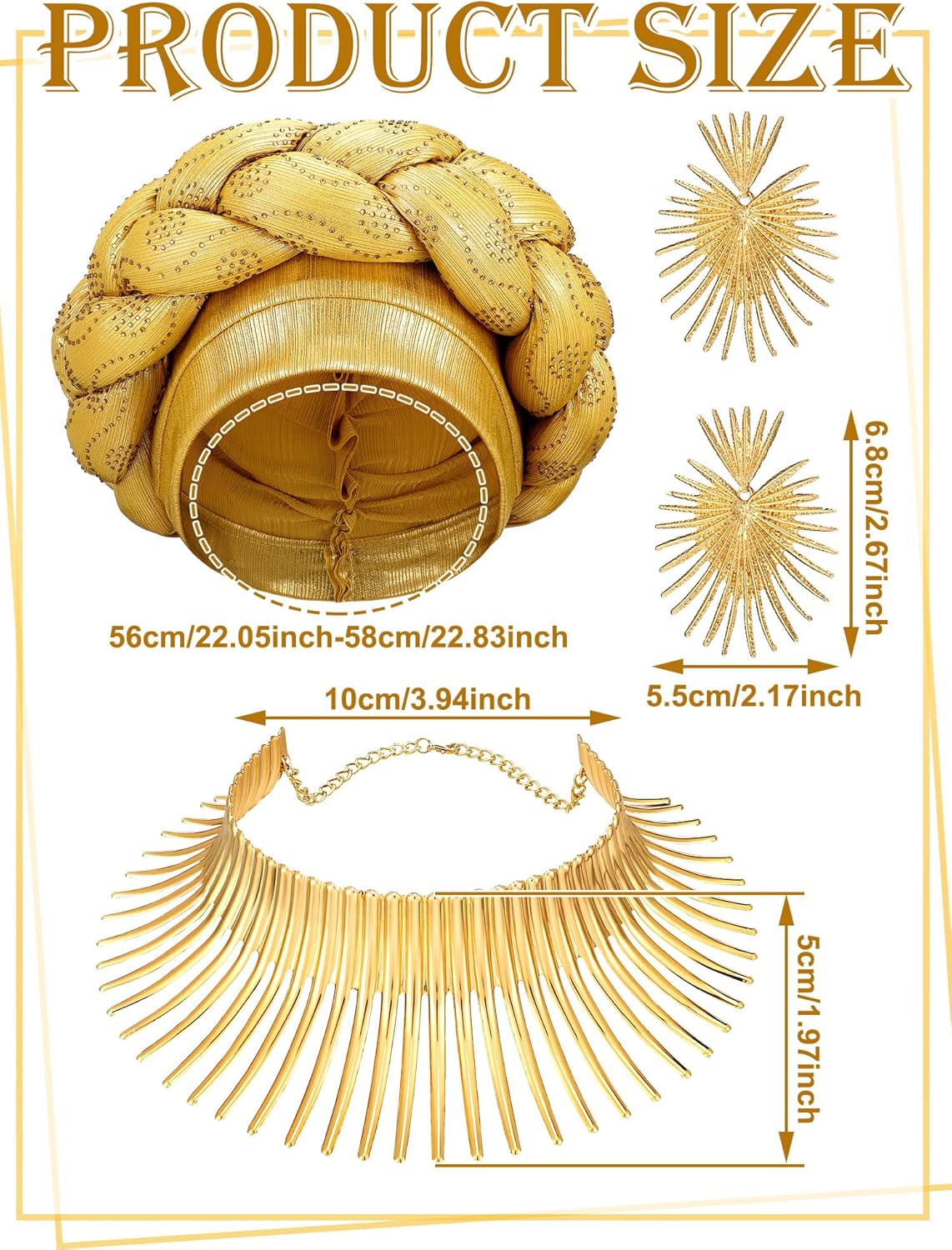 Miniatura 3 de Yinkin Juego de joyas africanas para mujer, para fiestas, doradas, collares, baberos, turbante africano, para fiestas temáticas