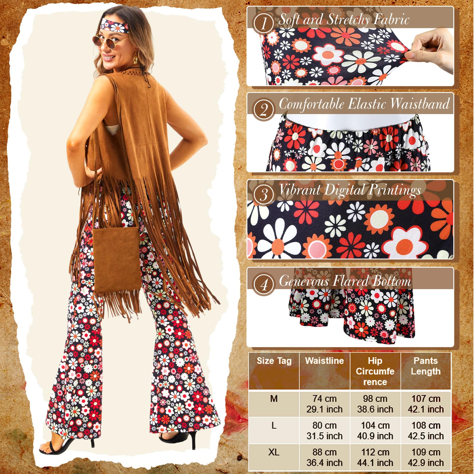 Hestya Set di Accessori per Costume Anni '60 Anni '70 Kit di Travestimento Hippie da Donna Gilet con Frange Pantaloni Svasati Borsa Fascia Fiori Occhiali da Sole Collana Pace per Halloween