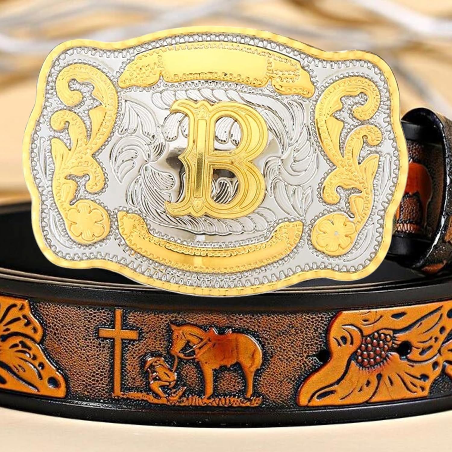 Western Belt Buckle Initial Letters ABCDMRJ to Z Cowboy Belt Buckle, Rodeo Buckles for Men & Women Fits Up to 2 Inch Belts - Image 7