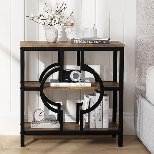 Miniatura 7 de Juego de 2 mesas auxiliares, mesa auxiliar estrecha con estantes de almacenamiento de 3 niveles, mesa auxiliar de sofá de madera con marco de metal