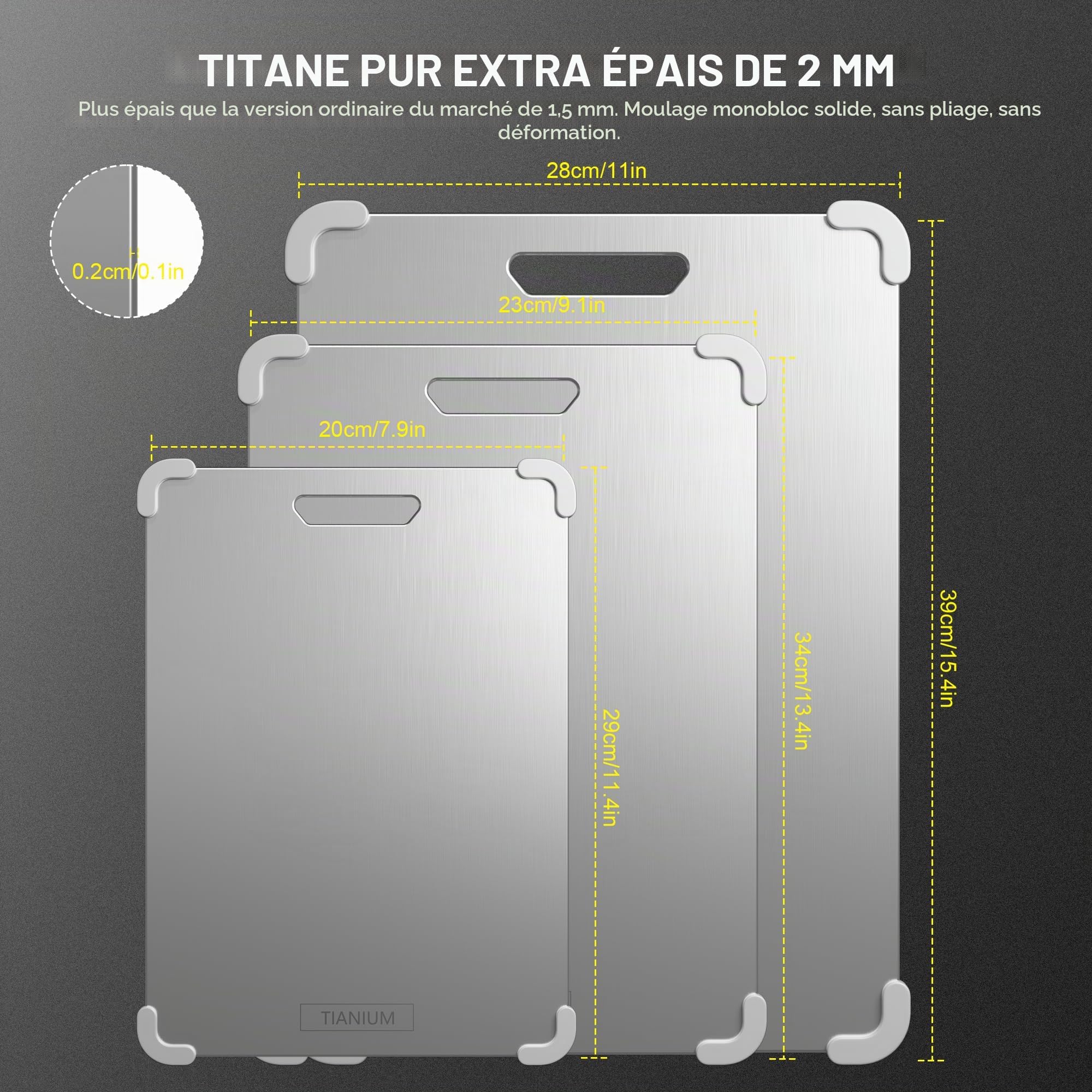 Planche à Découper 100% Titane pur Qualité Alimentaire, Surface non Poreuse Hygiénique sans Microplastique, Lavable en Lave-vaisselle pour Viande Légumes Fruits Cuisine Camping 34x23x0.2cm, 720g