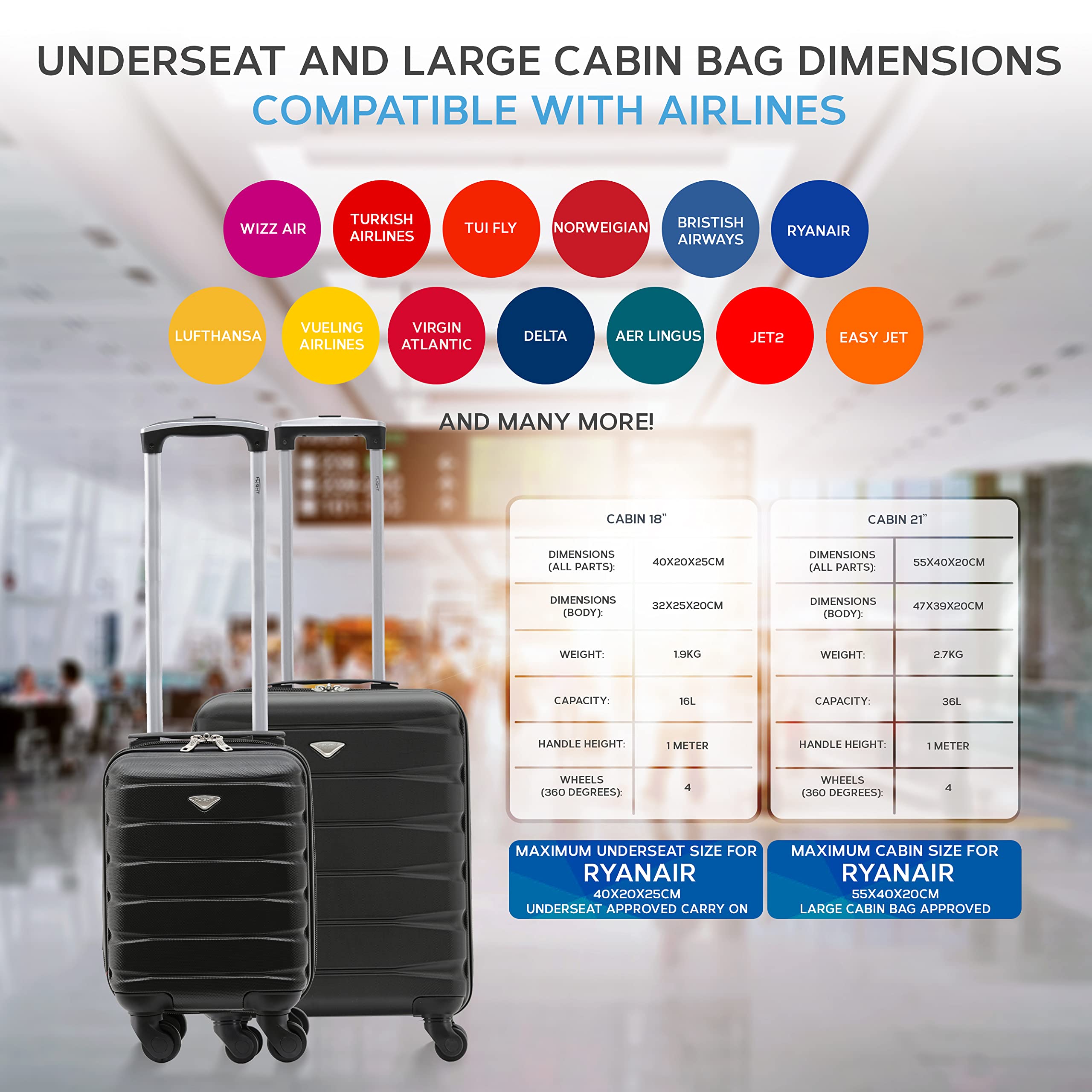 Flight Knight Suitcase Set of 2 Lightweight 4 Wheel ABS Hard Case Cabin Carry On Hand Luggage - Ryanair Maximum Size for Overhead Cabin & Under Seat Carry-On - 55x40x20cm & 40x20x25cm