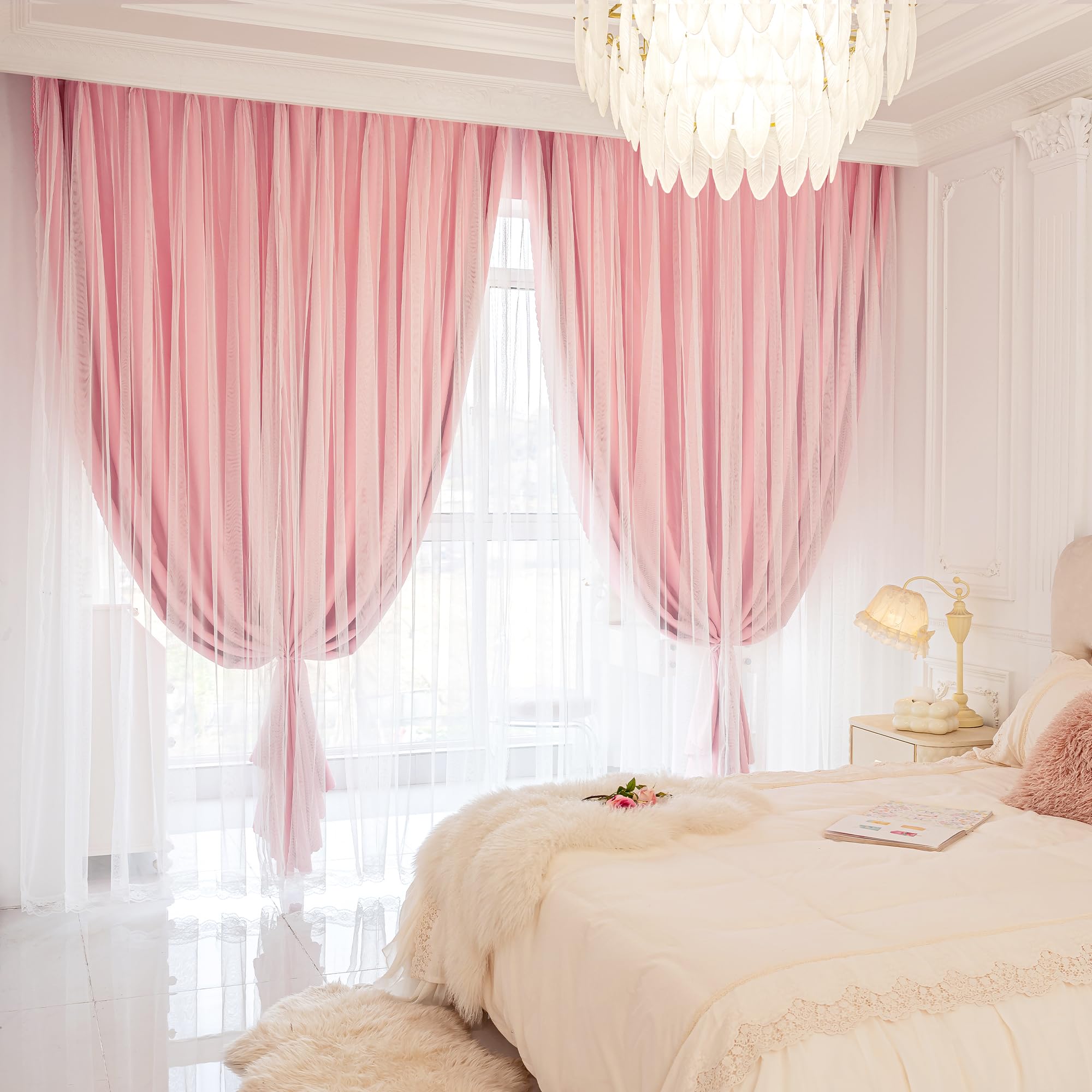 XiDi Double Layer Curtains with Sheer Overlay for Girls Kids Bedroom 96 Inches Long Pink Blackout Curtains Princess Nursery Thermal Insulated Room Darkening Grommet Drapes Lace Hem 2 Panels W52xL96
