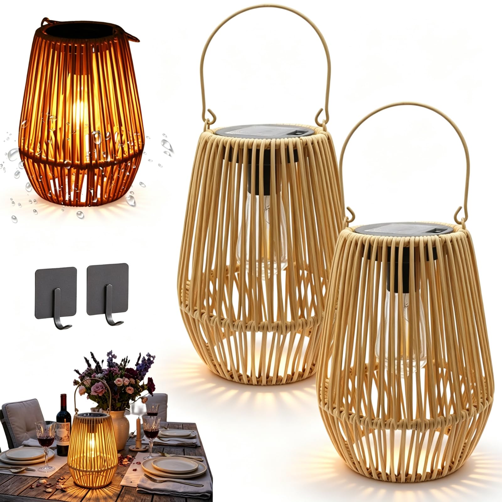 Linterna solar de ratán tejida a mano, linternas solares de mimbre impermeables para exteriores, luces colgantes de ratán para jardín, patio, porche, cubierta, cenador, mesa, 2 unidades