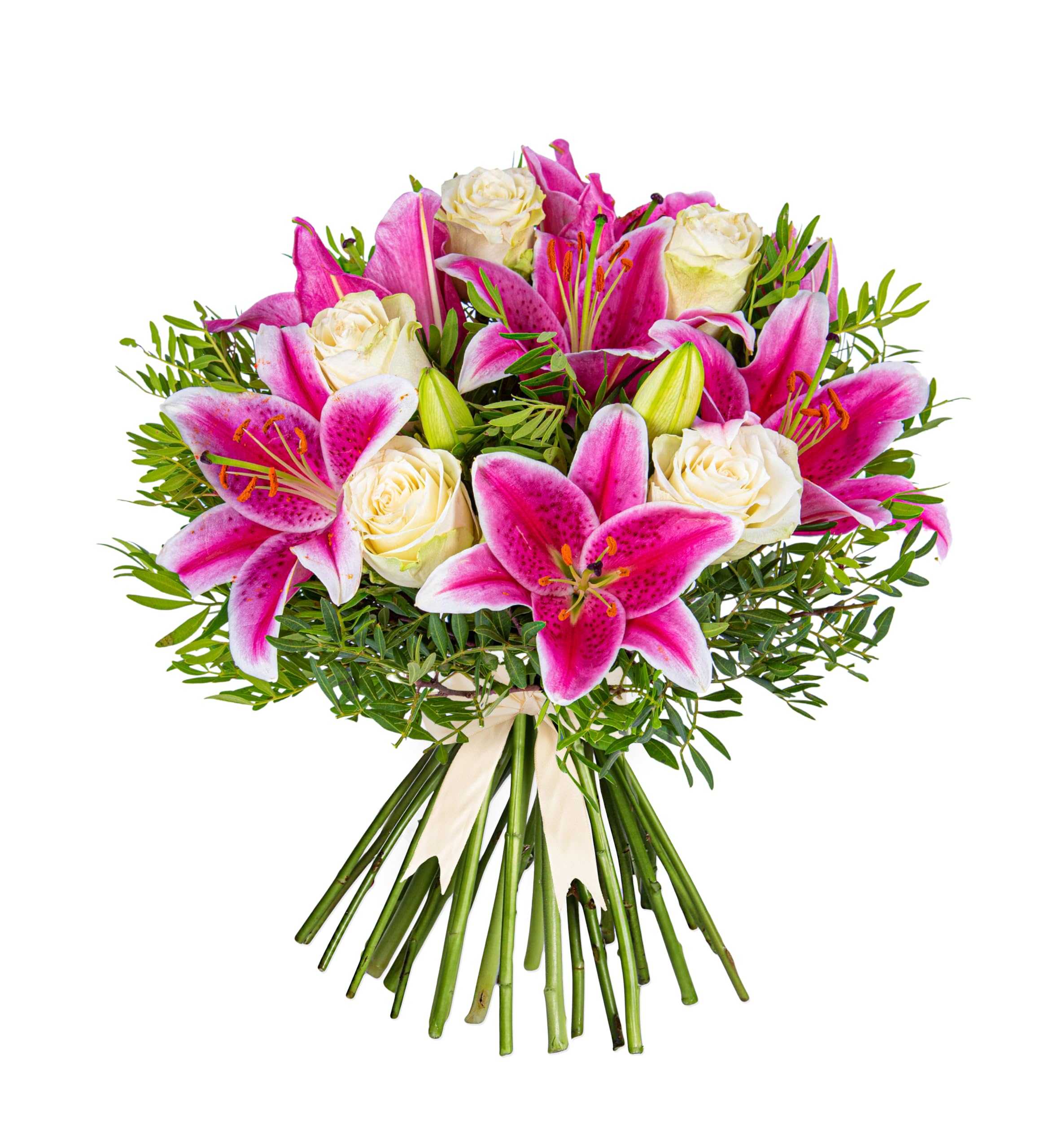 Lys et Roses - Composition florale fraîche livrée à la main - Cadeau élégant