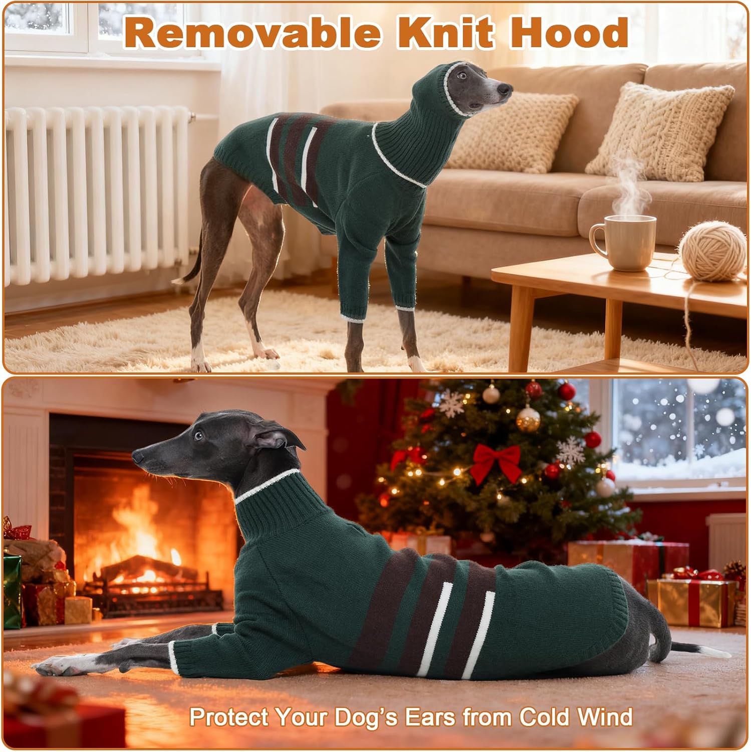 DENTRUN Greyhound Dog Sweater X-Large with Detachable Hood - Warm Winter Knit Hoodie for Long Neck Dogs, Turtleneck Cold Weather Clothes with Leash Hole for Irish Wolfhound, Scottish Deerhound