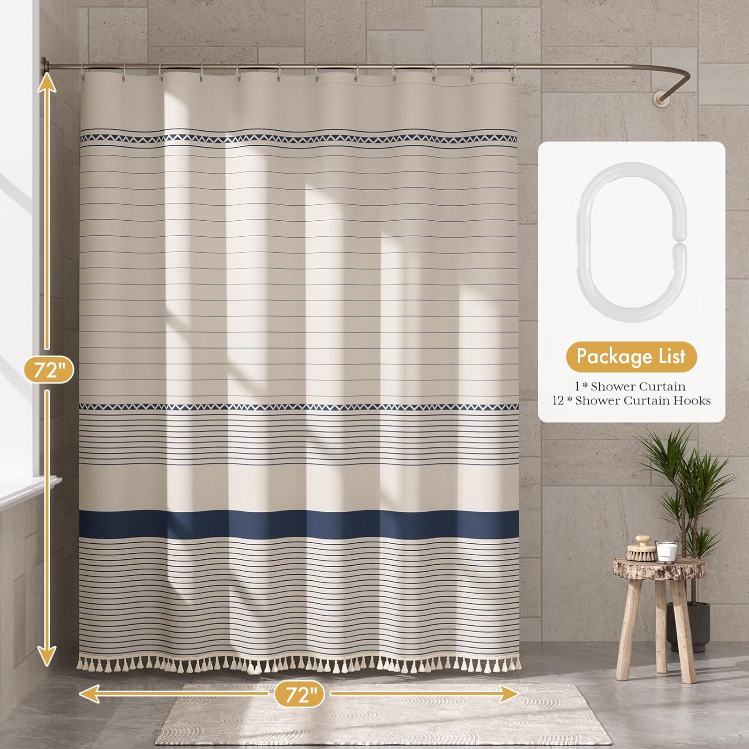 AmazerBath Boho Shower Curtain, Modern Farmhouse Shower Curtain Set with Tassels, Rustic Faux Linen Navy Blue Striped Shower Curtain with Hooks, Light Tan Toned, 72x72 Inches
