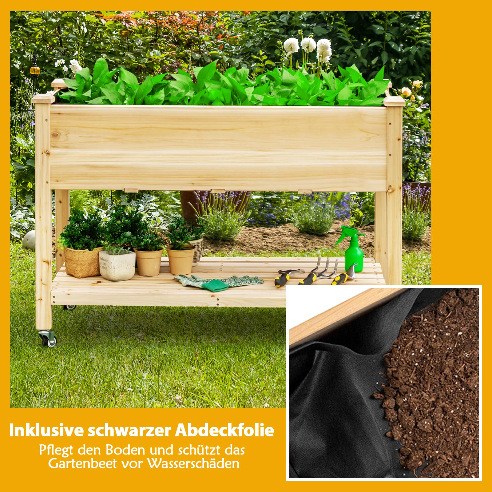 FANTASK Hochbeet aus Holz mit Ablage & Rollen, Erhöhtes Gartenbeet, Pflanzkasten mit feststellbaren Rädern & Abdeckfolie, Natur