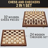 Vista 2 de 2 in 1 Magnetic Chess Set & Checkers Board Game, 15" Wooden Folding Chess Board with 2 Extra Queens, Portable Travel Chess Set with Pieces Storage