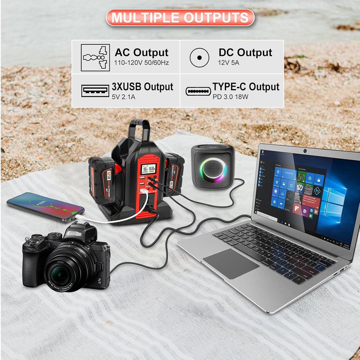 DC 18V to AC 120V Power Inverter Compatible with Milwaukee M18 18V Battery, 350W Pure Sine Wave Portable Power Inverter Converter with LCD Display and LED Light, 2 Battery Port