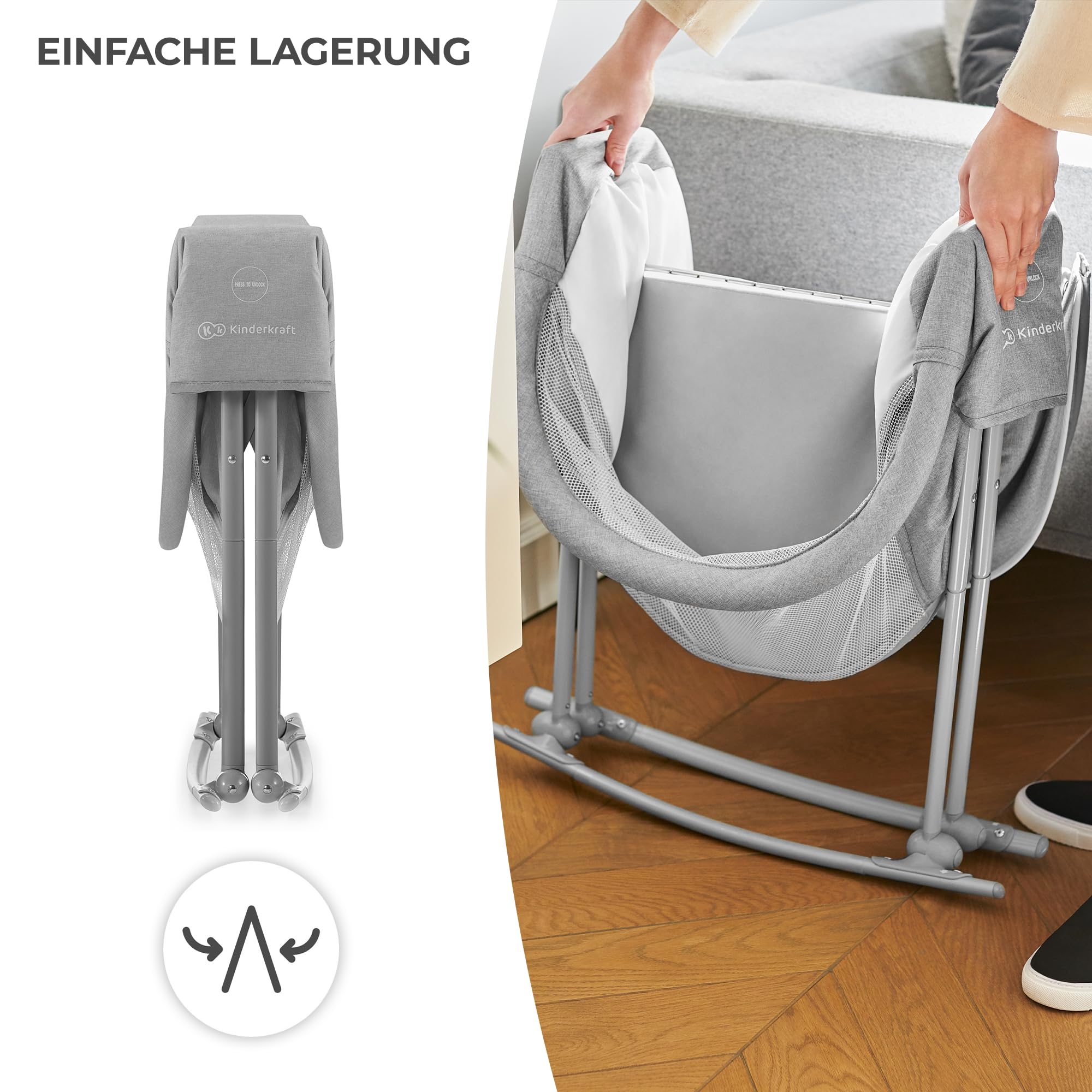 kk Kinderkraft Kinderkraft Kinderbett 3 in 1 lOVI, Kinderreisebett, Stubenwagen, Babywiege, Baby Wippe, Zusammenklappbar, Einfach Transport, mit Zubehör, Tasche, Moskitonetz,von Geburt bis 9 kg, Grau