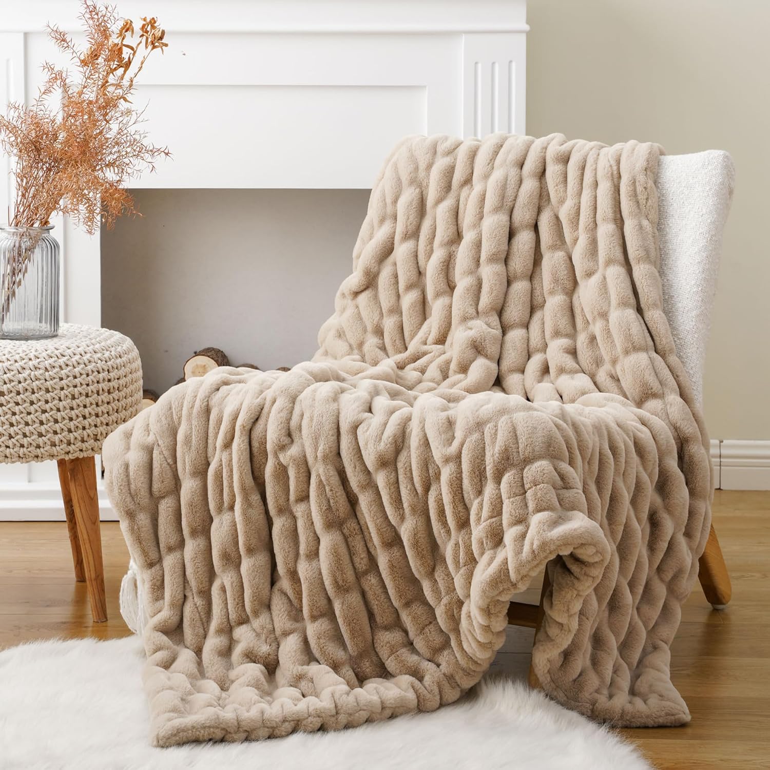 BATTILO HOME Beige Faux Fur Throw Blanket for Bed, Large Faux Fur Blanket Double Side Reversible Ruched Rabbit Fur Blanket for Couch, Bed, Cozy Soft Warm Mink Blanket, 60x80 Inches 60"x80" Tan