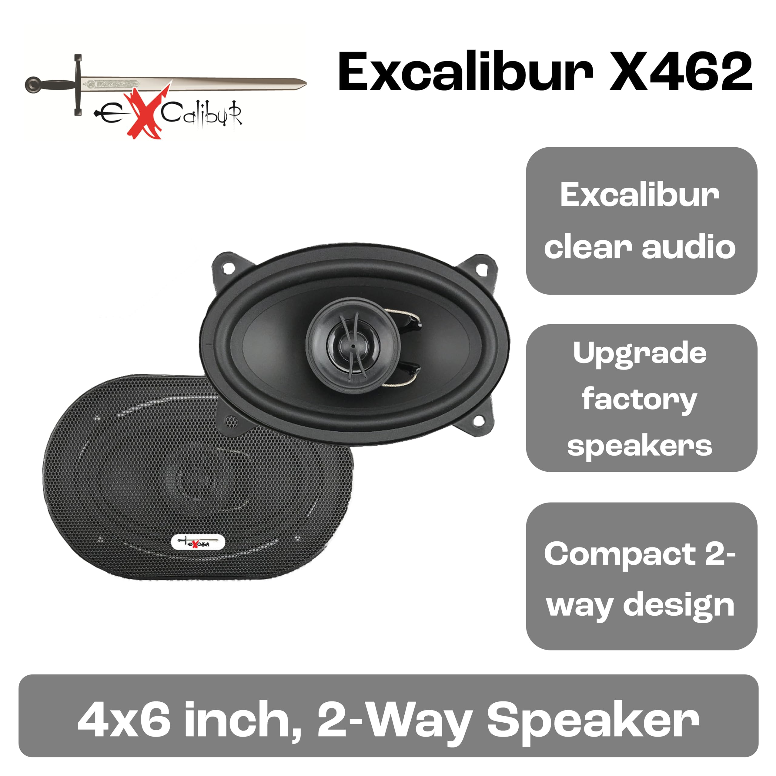 Excalibur X462 Haut-Parleurs Voiture 4x6 Pouces - Enceintes Coaxiales 2 Voies 10x15 cm - Kit Audio Auto Universel Remplacement Porte ou Tableau de Bord - Son Stéréo 4 Ohm Paire Noir