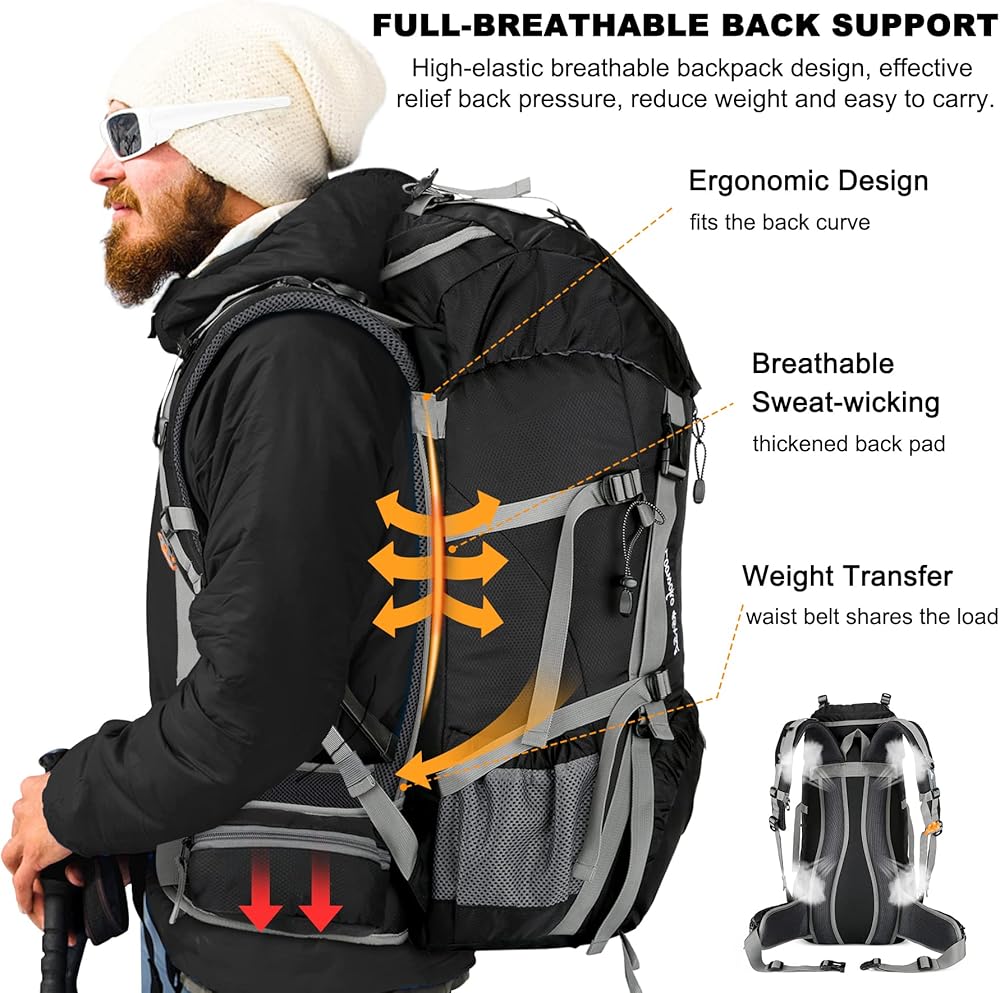 Sac à Dos De Randonnée 50L – Imperméable Avec Housse De Pluie – 45+5L Orange – Neuf