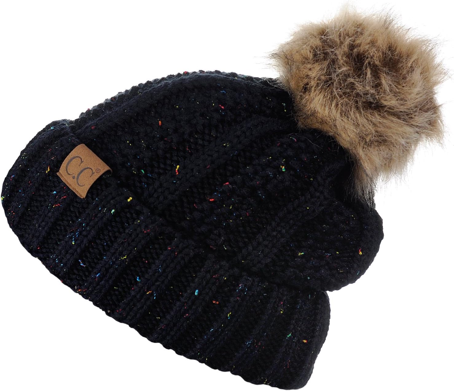 C.C Thick Cable Knit Faux Fuzzy Fur Pom Fleece Lined Skull Cap Cuff Beanie