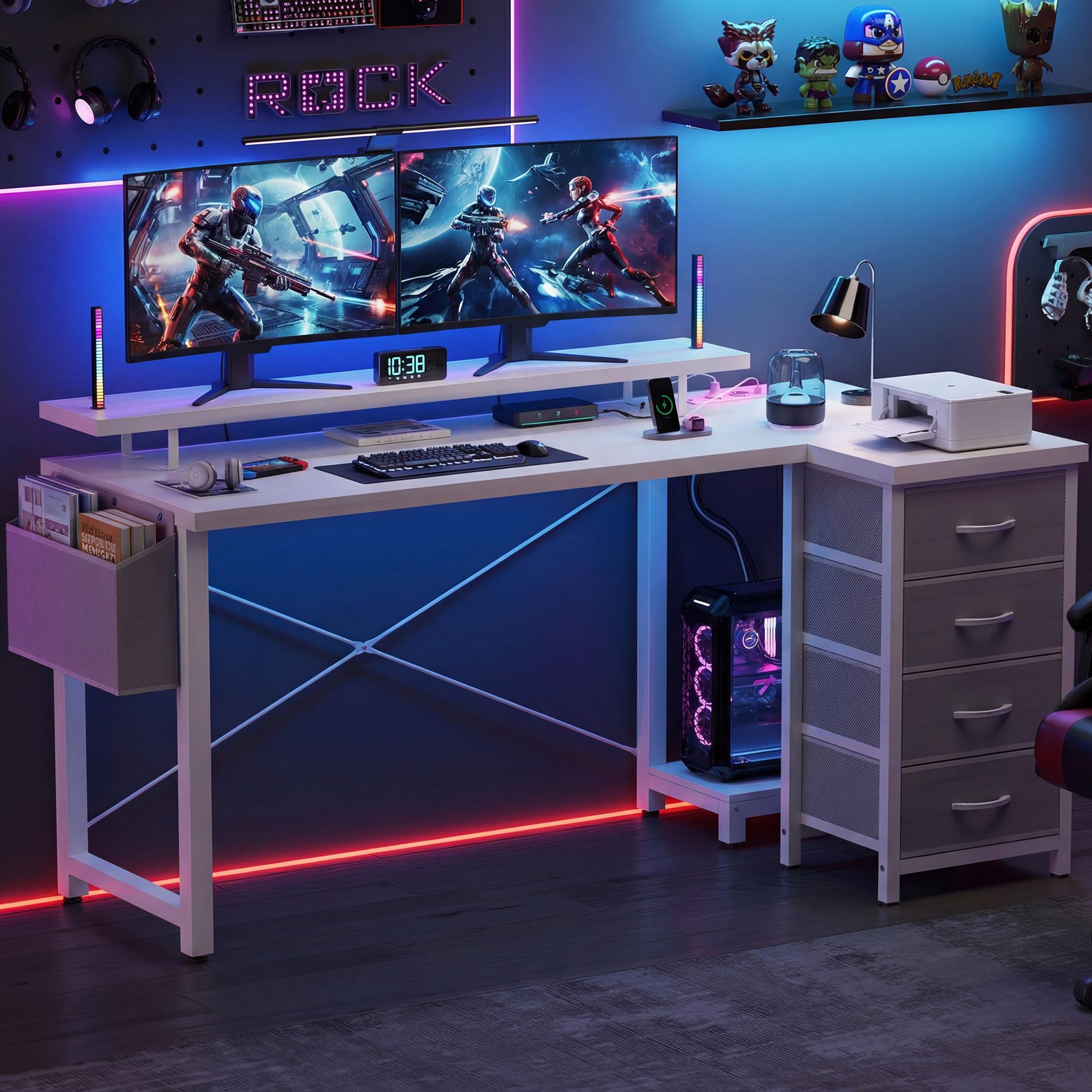 Claiks Schreibtisch L Form mit 4 Stoff Schubladen, 140x80 cm Eckschreibtisch mit USB-Ladeanschluss und Steckdose, L förmiger Schreibtisch mit Monitorablage für Büro, Weiß